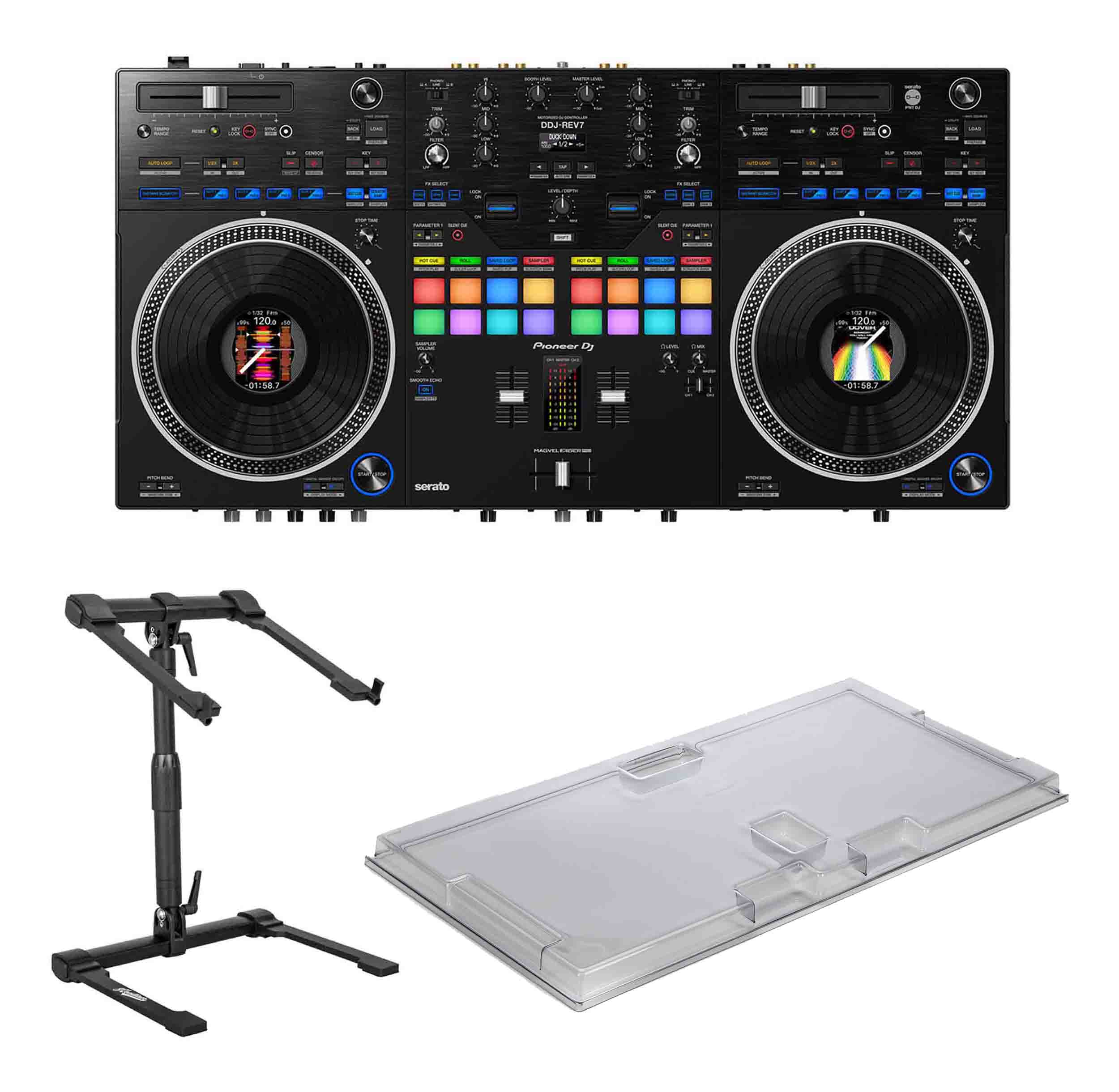 Pioneer DDJ-REV7, 2-Channel DJ Controller Package with Decksaver Cover and Headliner Laptop Stand - Hollywood DJ