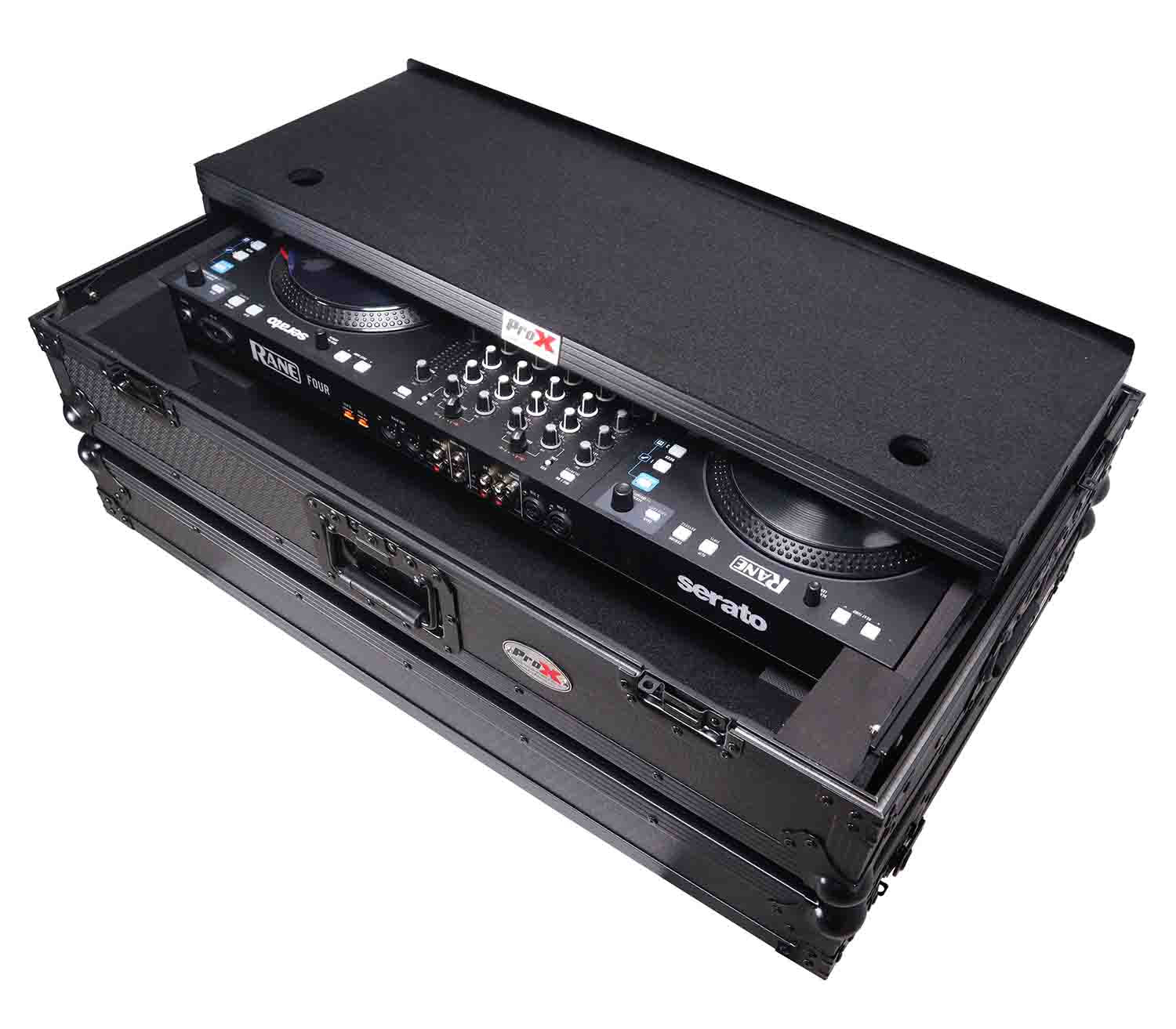 ProX XS-RANEFOUR WLTBL LED ATA Flight Style Road Case for RANE Four DJ Controller with 1U Rack Space and Wheels - Black Finish - Hollywood DJ