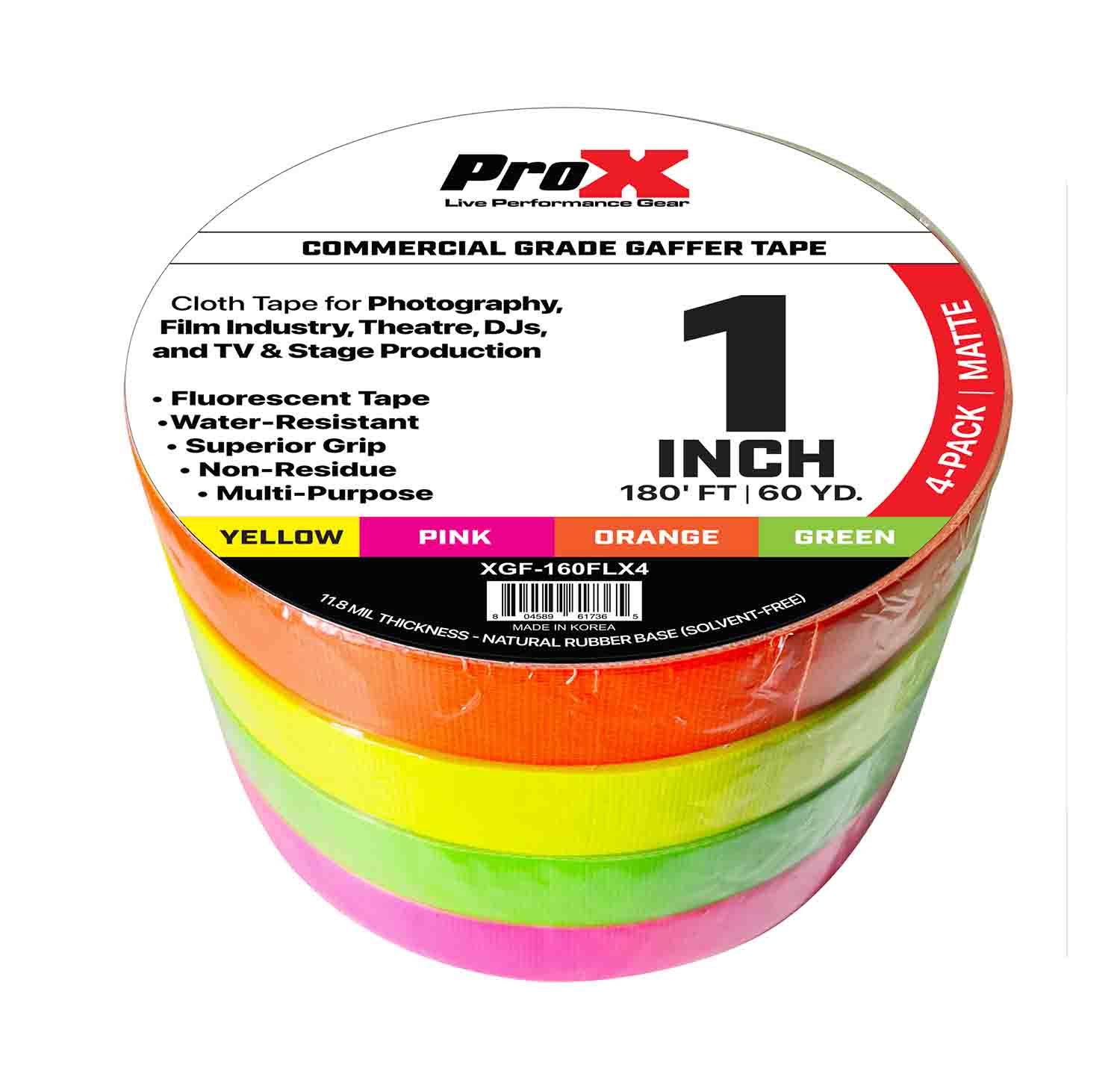 ProX XGF-160FLX4, 4-Pack 1-inch 60YD Multi Colour Fluorescent Commercial Grade Gaffer Roll Tape - 180Ft - Hollywood DJ