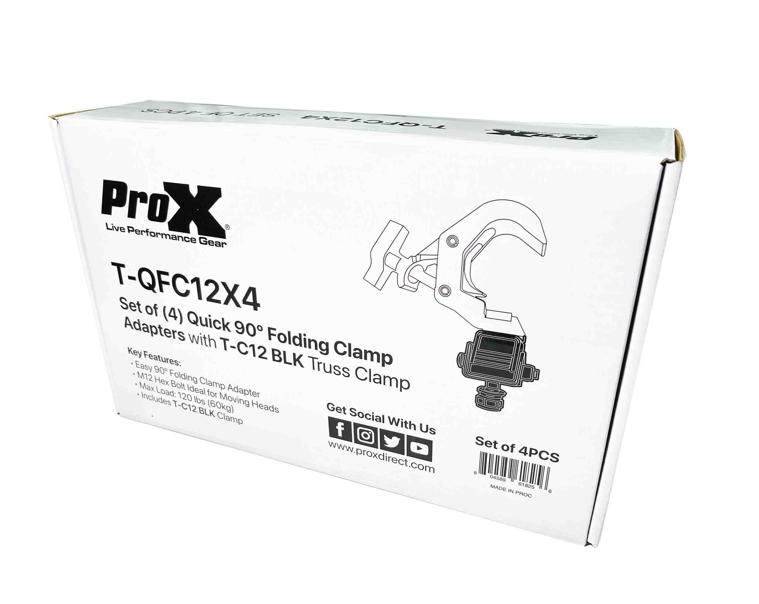 ProX T-QFC12X4, 4 Set Quick 90º Folding Clamp Adapters with T-C12 Truss Clamp 2 in Diameter - Black Finish - Hollywood DJ