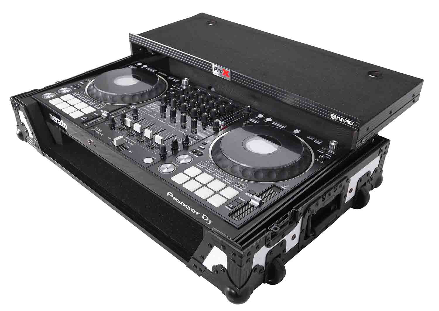 ProX XS-DDJ1000 WLTWH Fits Pioneer DDJ-1000SRT Case White on Black W/ Sliding Laptop Shelf & Wheels - Hollywood DJ