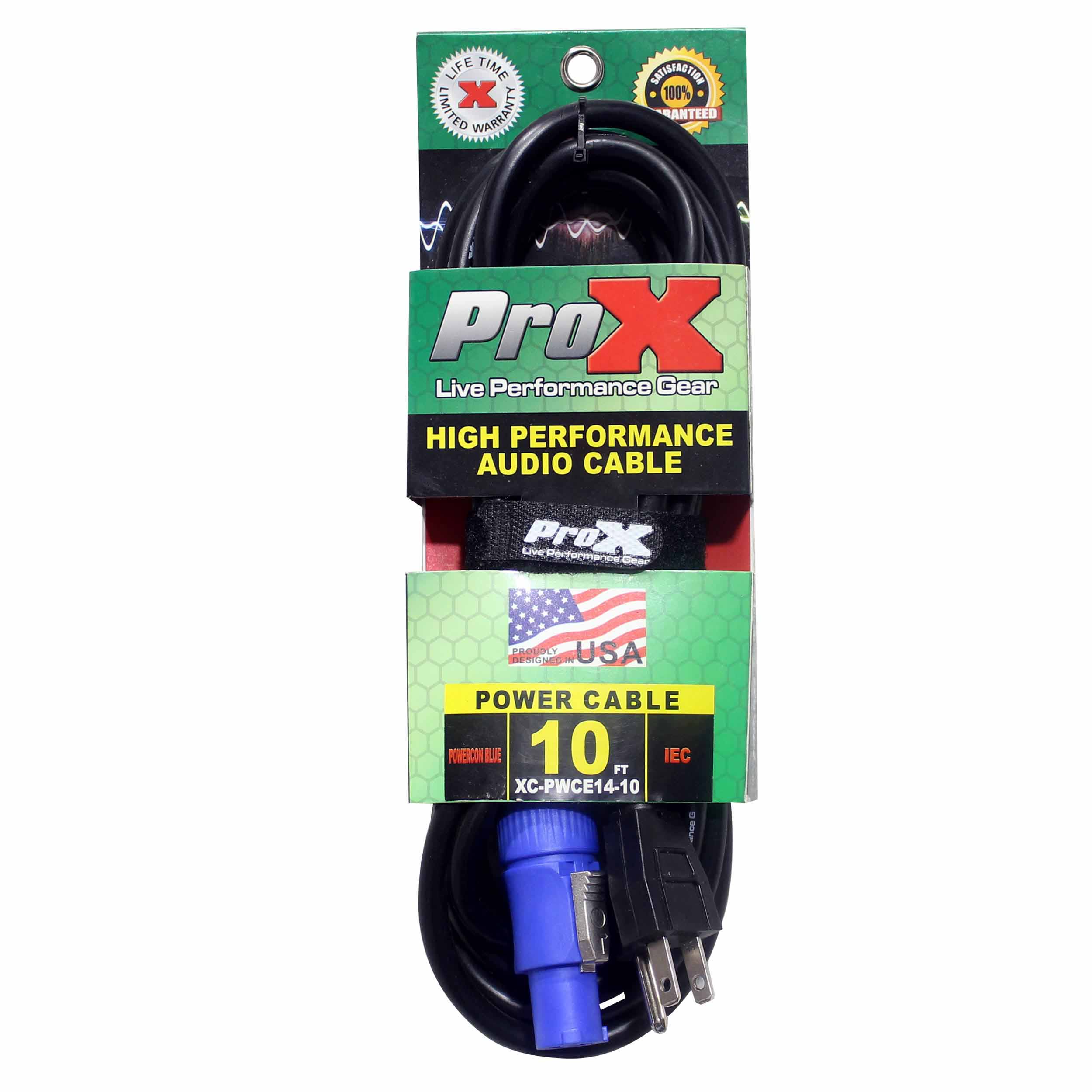 ProX XC-PWCE14-10, 14 AWG High Performance Power Cord NEMA 5-15 Edison to Blue Male for Powercon Compatible Devices - 10 Feet - Hollywood DJ