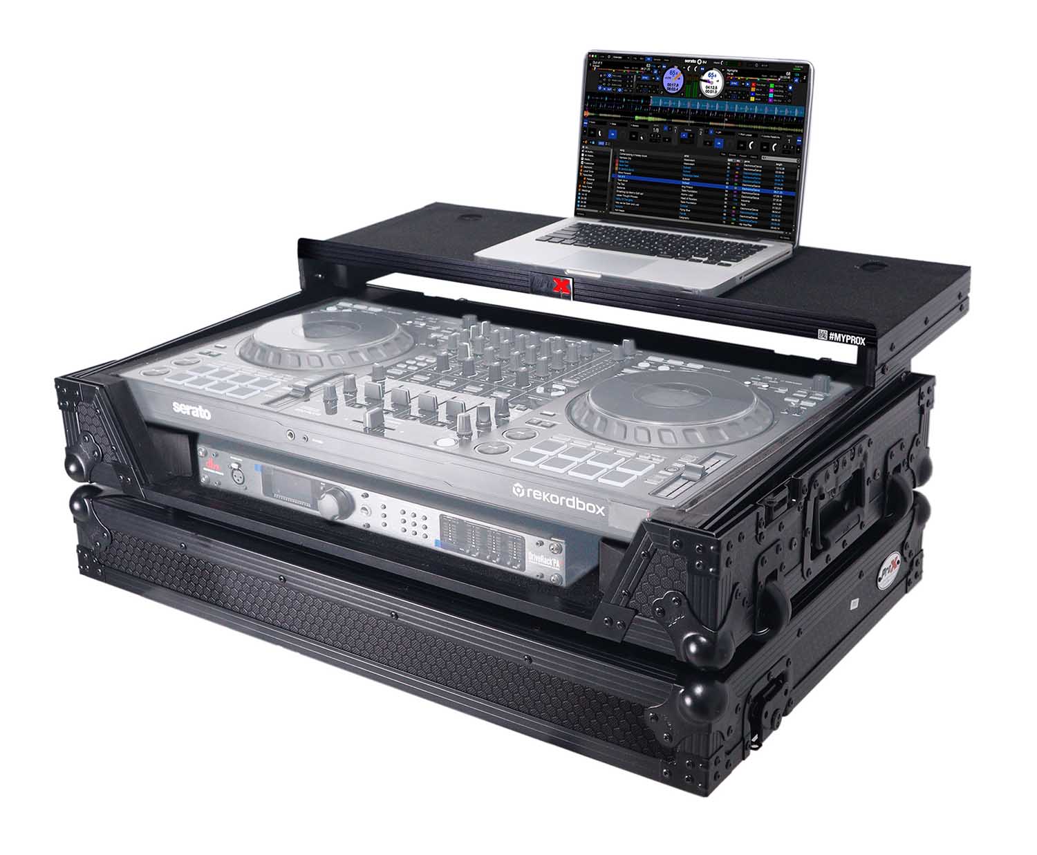 ProX XS-DDJFLX10WLTBLLED ATA Flight Style Road Case For Pioneer DDJ-FLX10 DJ Controller with Laptop Shelf 1U Rack Space Wheels and LED - Black - Hollywood DJ