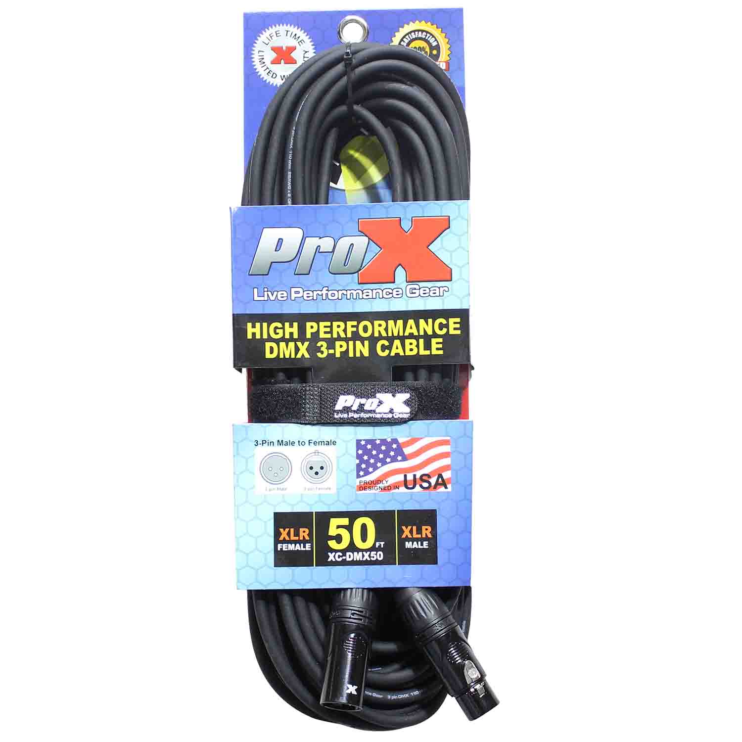 ProX XC-DMX50, DMX XLR3-M to XLR3-F High Performance Cable - 50 Feet - Hollywood DJ