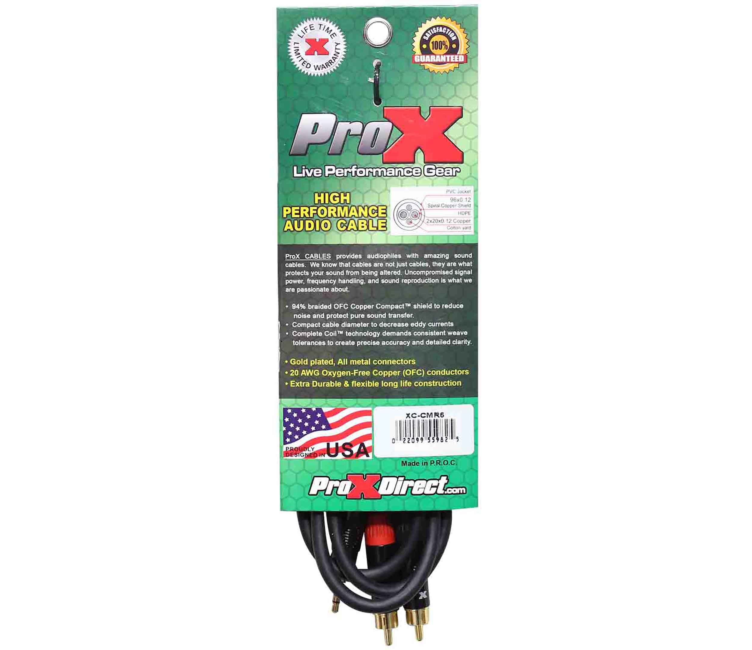Prox XC-CMR6 Unbalanced 1/8" Mini TRS-M to Dual RCA-M High Performance Audio Cable - 6 Feet by ProX Cases