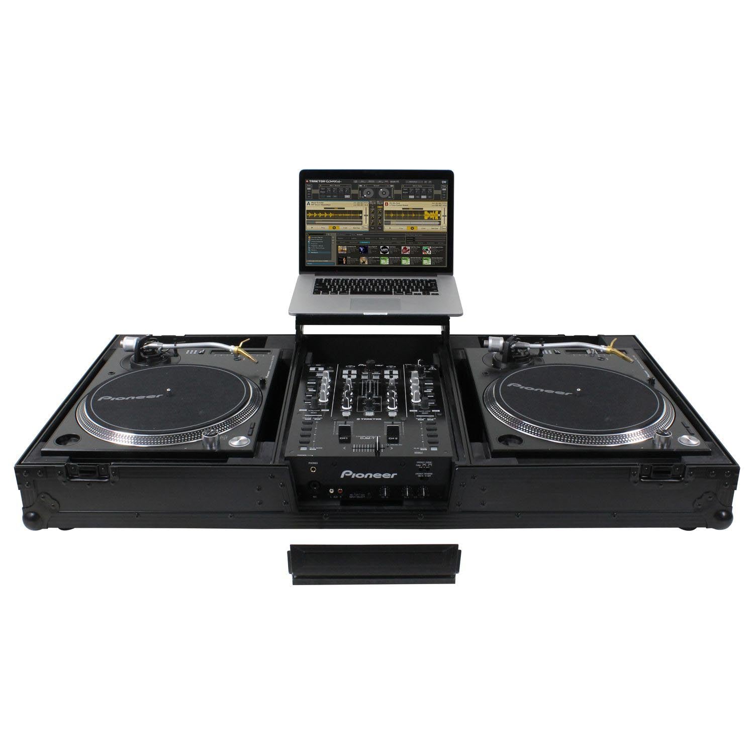 Odyssey FZGSLBM10WRBL Black Low Profile 10″ Format DJ Mixer and Two Battle Position Turntables Flight Coffin Case with Wheels and Glide Platform - Hollywood DJ