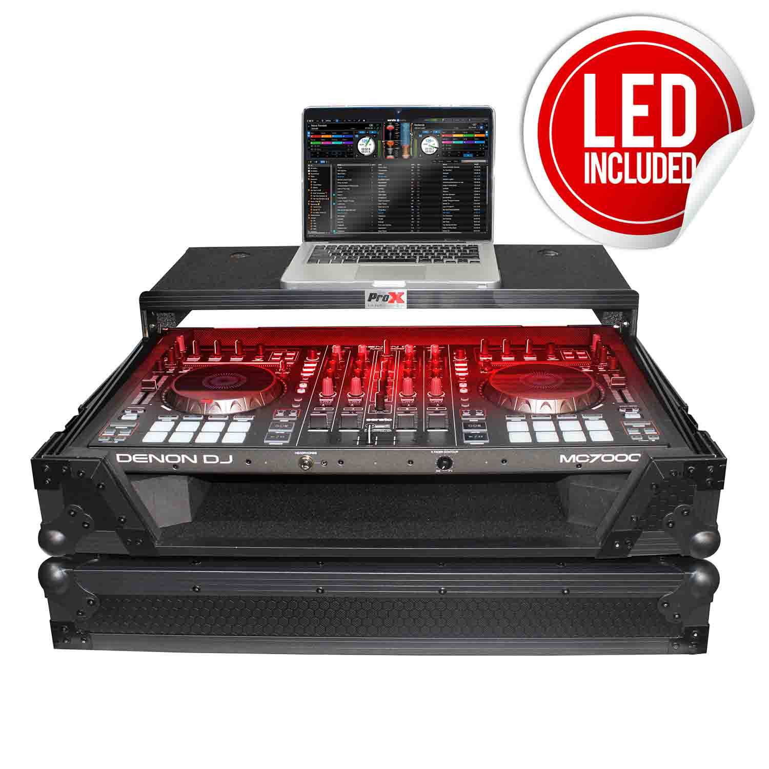 ProX XS-MCX7000WLTBL LED, DJ Flight Case For Denon DJ MC7000 Controller With Laptop Shelf and LED - Hollywood DJ