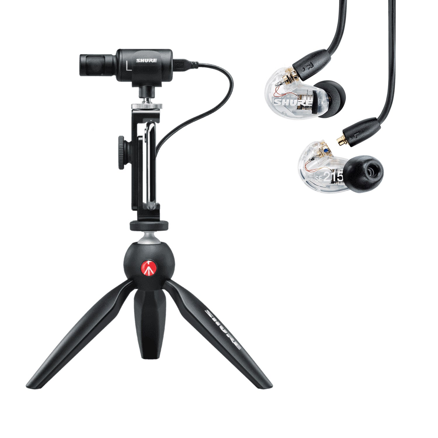 Shure Portable Videography Bundle With SE215 Earphones and MV88+ Video Kit including Digital Stereo Condenser Microphone - Hollywood DJ