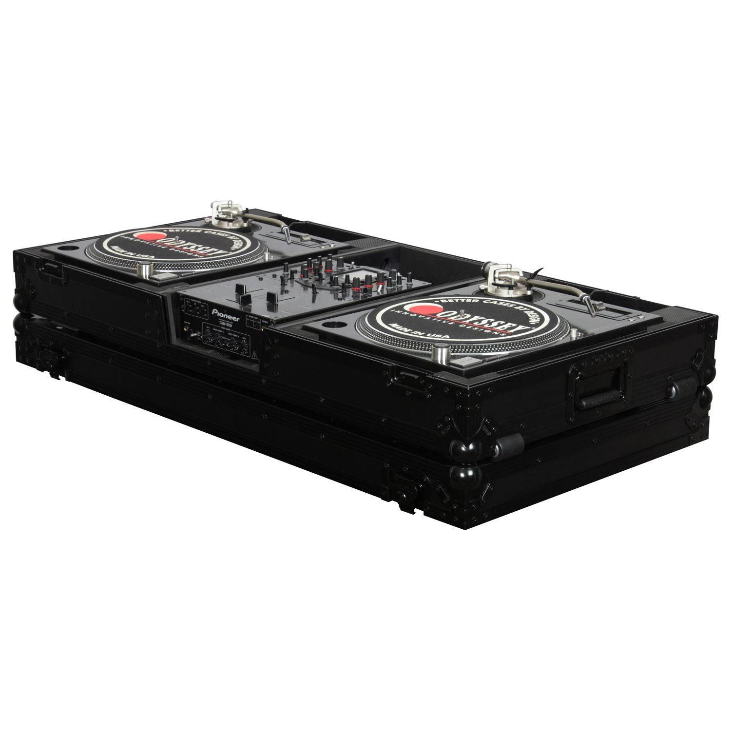 Odyssey FZBM10WBL, 10″ Format DJ Mixer and Two Battle Position Turntables Flight Coffin Case - Black - Hollywood DJ