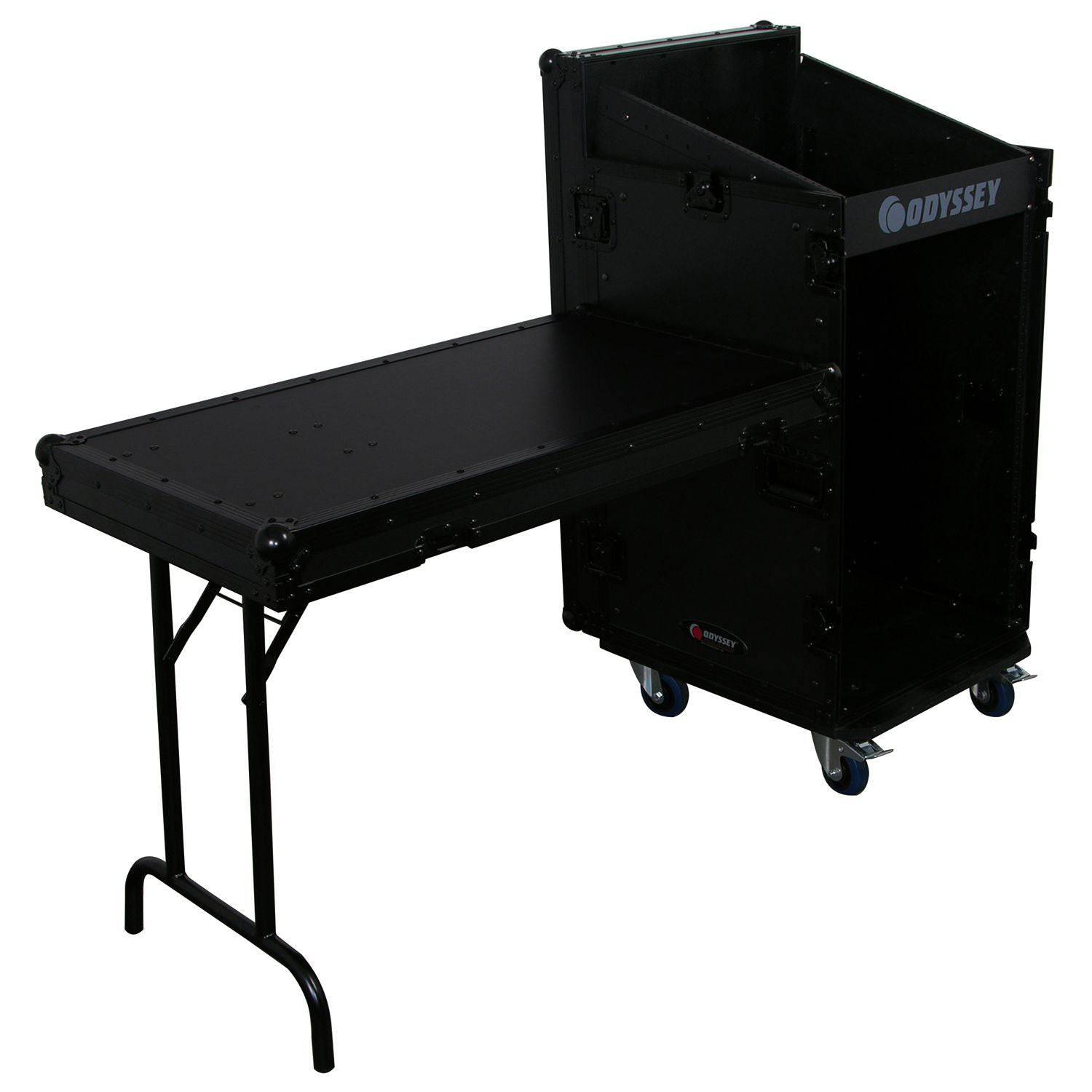 Odyssey FZ1116WDLXBL 11U Top Slanted 16U Vertical Pro Combo Rack with Side Table and Casters - Black - Hollywood DJ