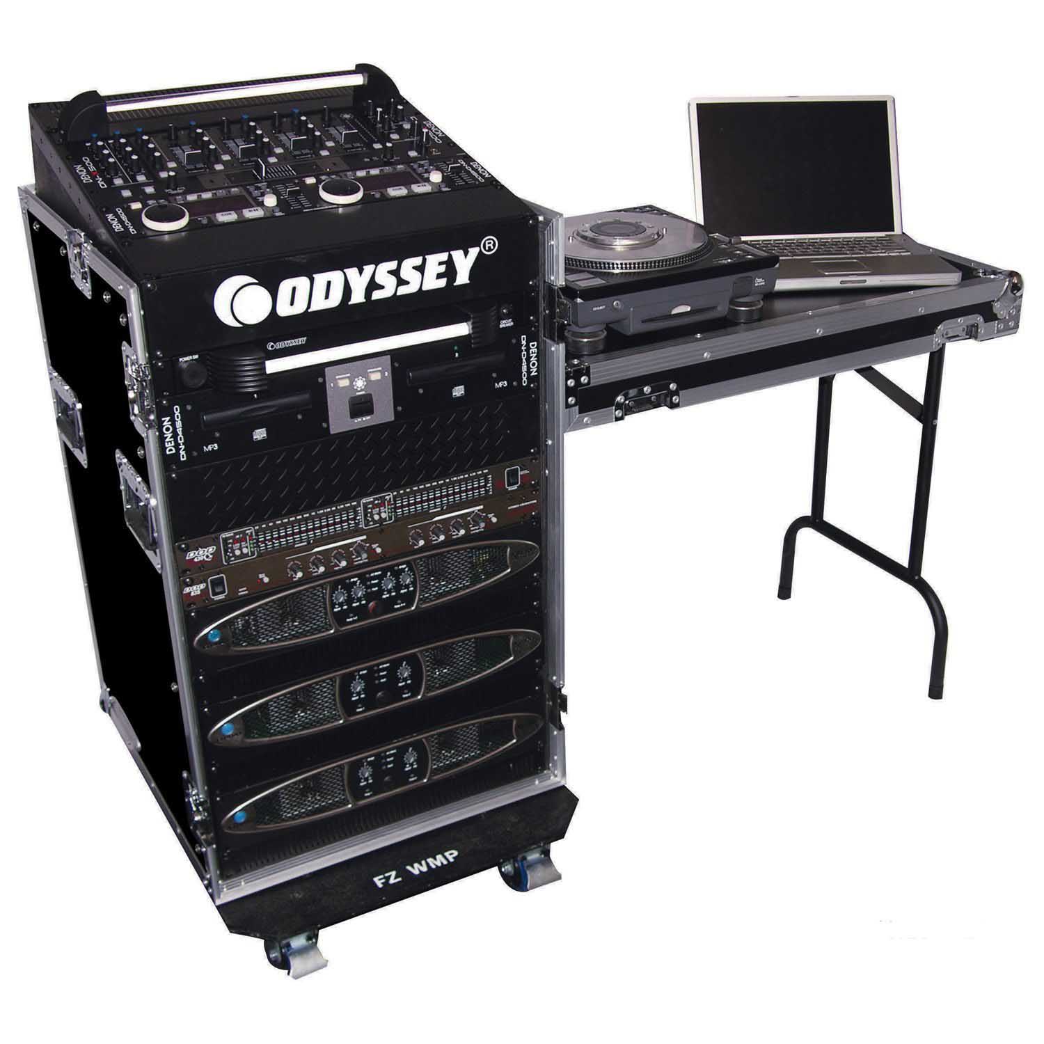 Odyssey FZ1116WDLX 11U Top Slanted 16U Vertical Pro Combo Rack with Side Table and Casters - Hollywood DJ