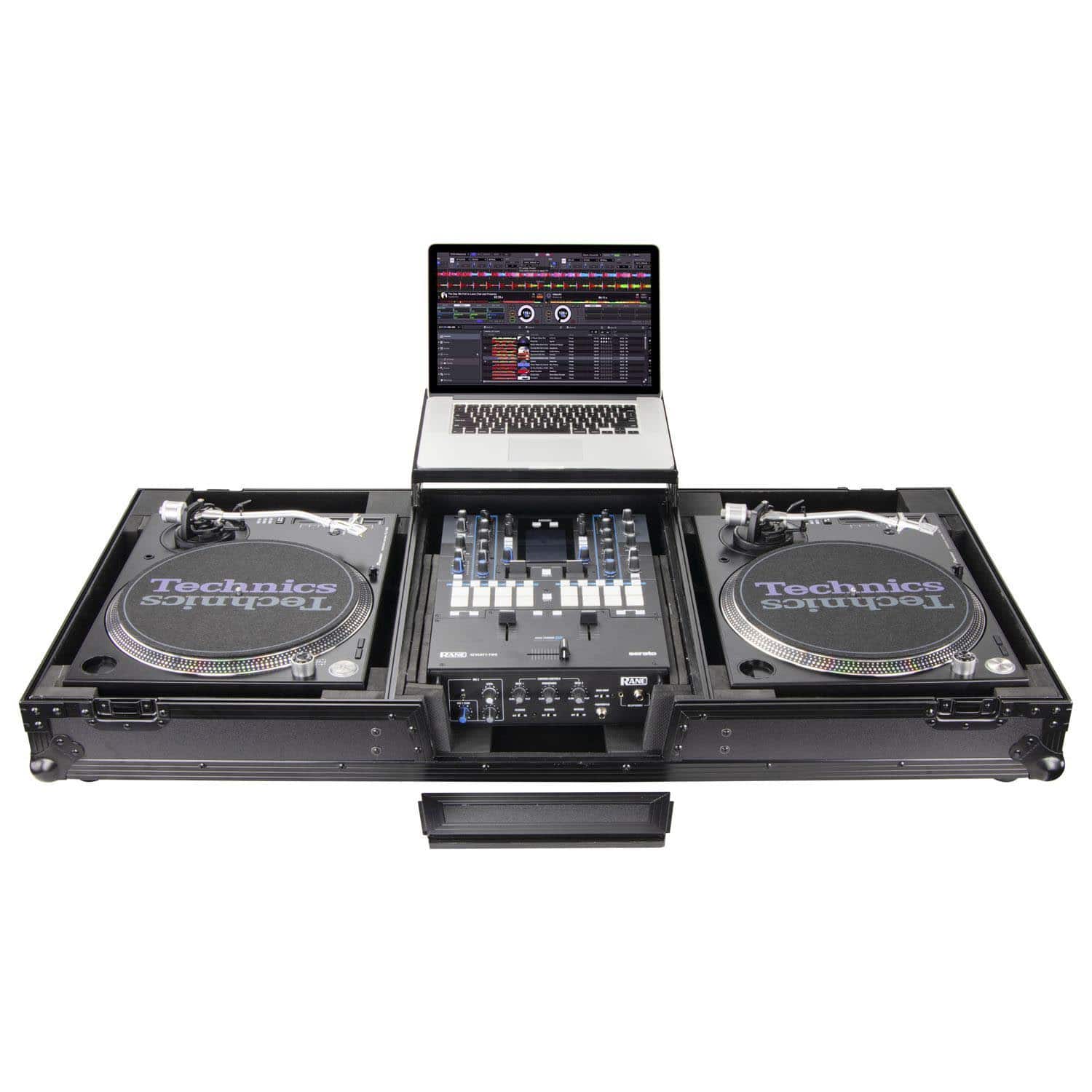 Odyssey FZGSLBM12WRBL Black Low Profile 12″ Format DJ Mixer and Two Battle Position Turntables Flight Coffin Case with Wheels and Glide Platform - Hollywood DJ