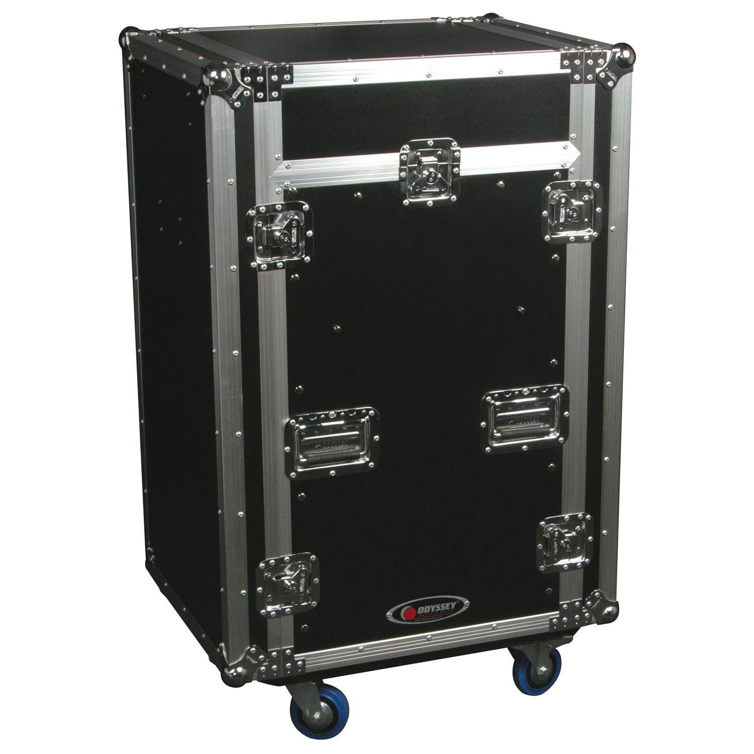 Odyssey FZGS1116WDLX Deluxe 11U Top Slanted 16U Bottom Vertical Pro Combo Rack with Casters, Side Table, and Glide Platform - Hollywood DJ