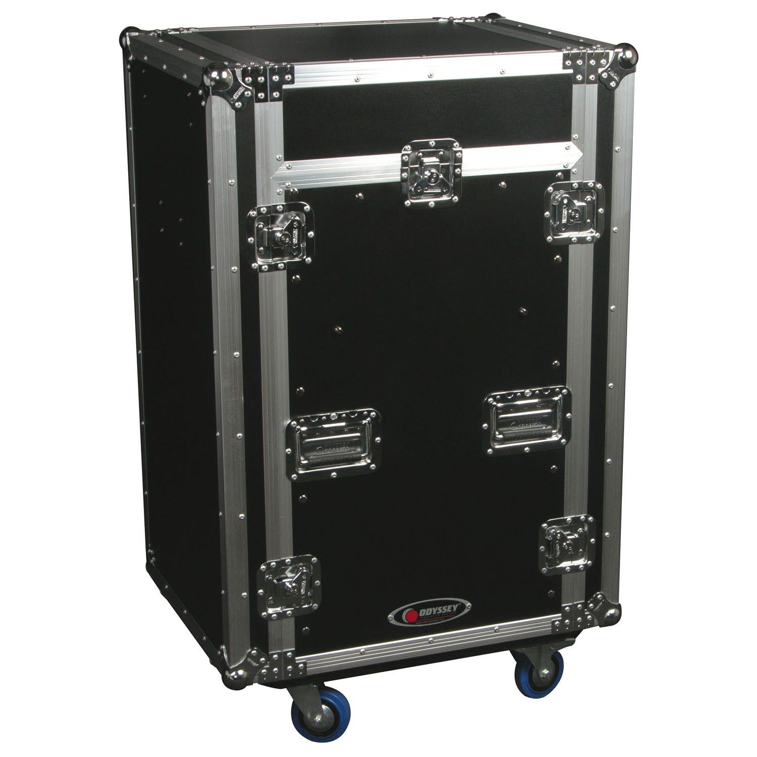 Open Box: Odyssey FZGS1116WDLX Deluxe 11U Top Slanted 16U Bottom Vertical Pro Combo Rack with Casters, Side Table, and Glide Platform - Hollywood DJ