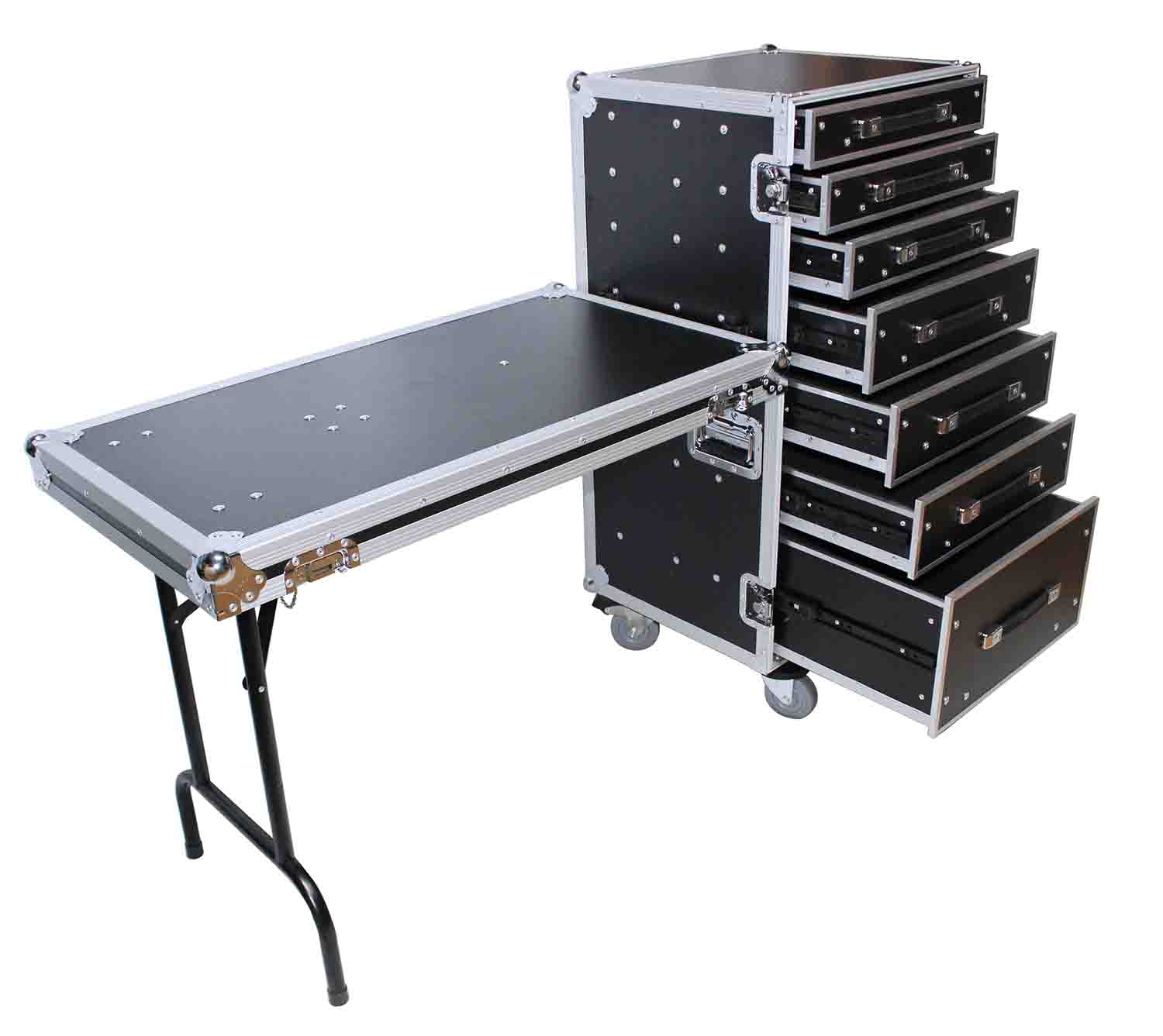 ProX XS-7DTW, 7 Drawer Workstation Case with Folding Lid Side Table on Wheels - Hollywood DJ