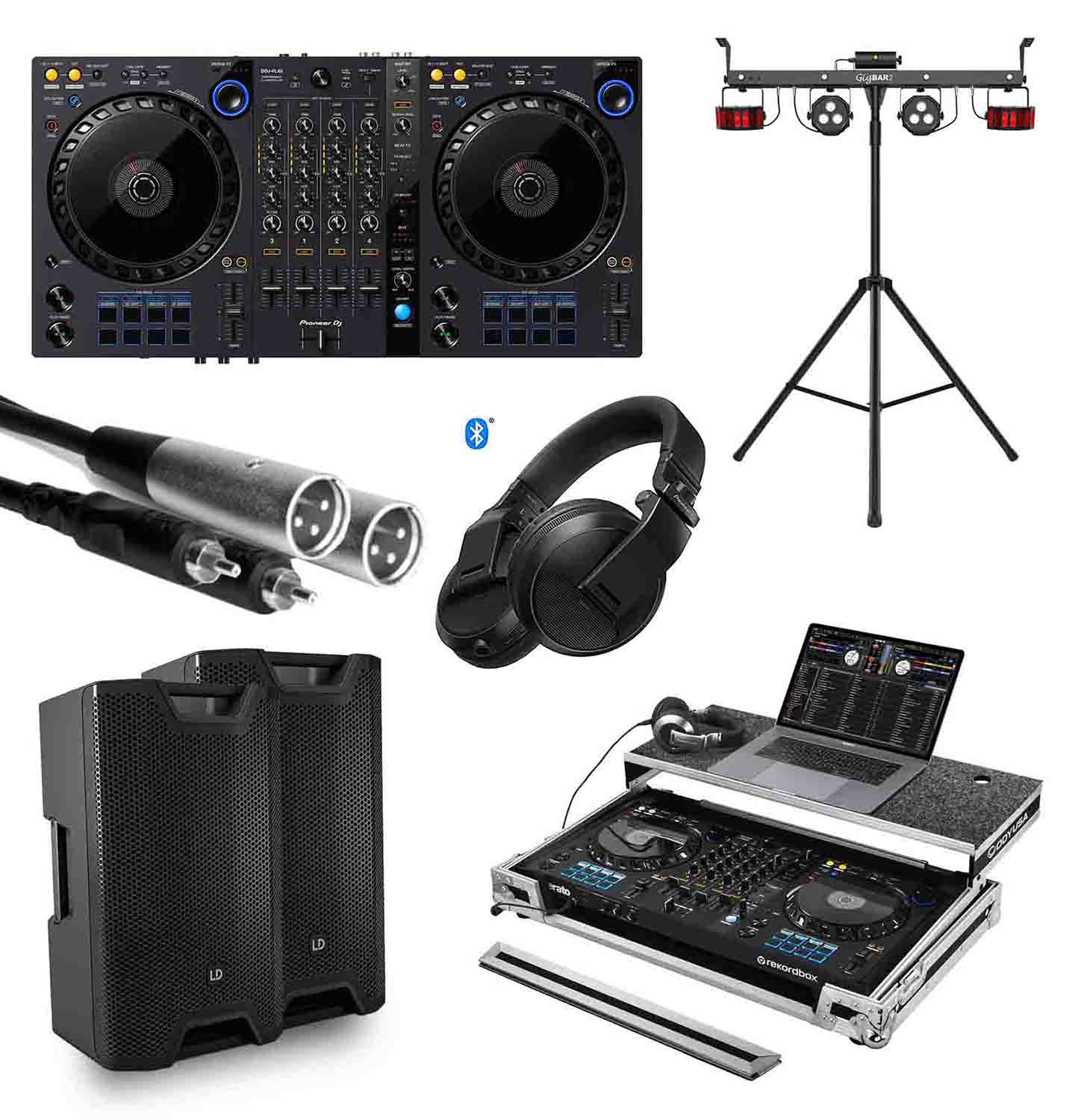 DJ Package for Club with Pioneer DJ Controller, Case, Headphones, Loudspeaker, Cable and LED Lighting System - Hollywood DJ