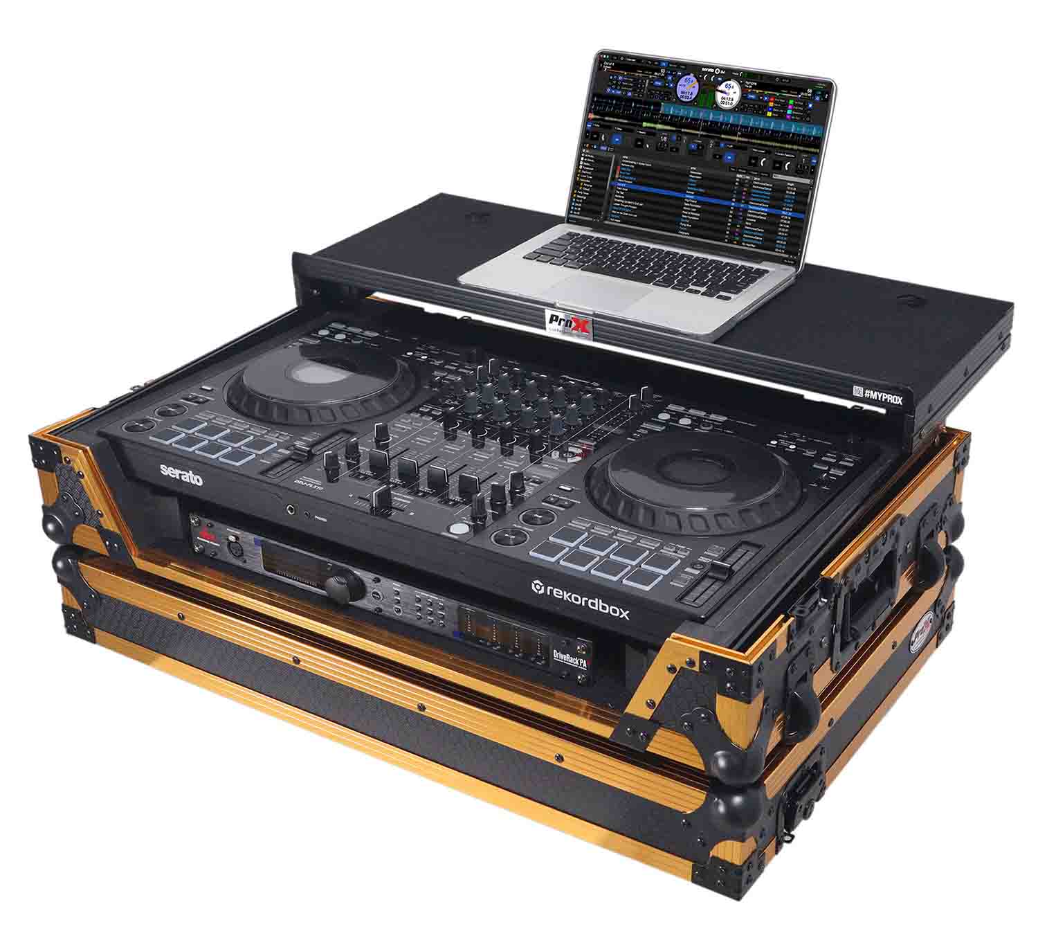 ProX XS-DDJFLX10WLT FGLD LED Flight Style Road Case for Pioneer DDJ-FLX10 DJ Controller with Laptop Shelf 1U Rack Space & Wheel - Hollywood DJ