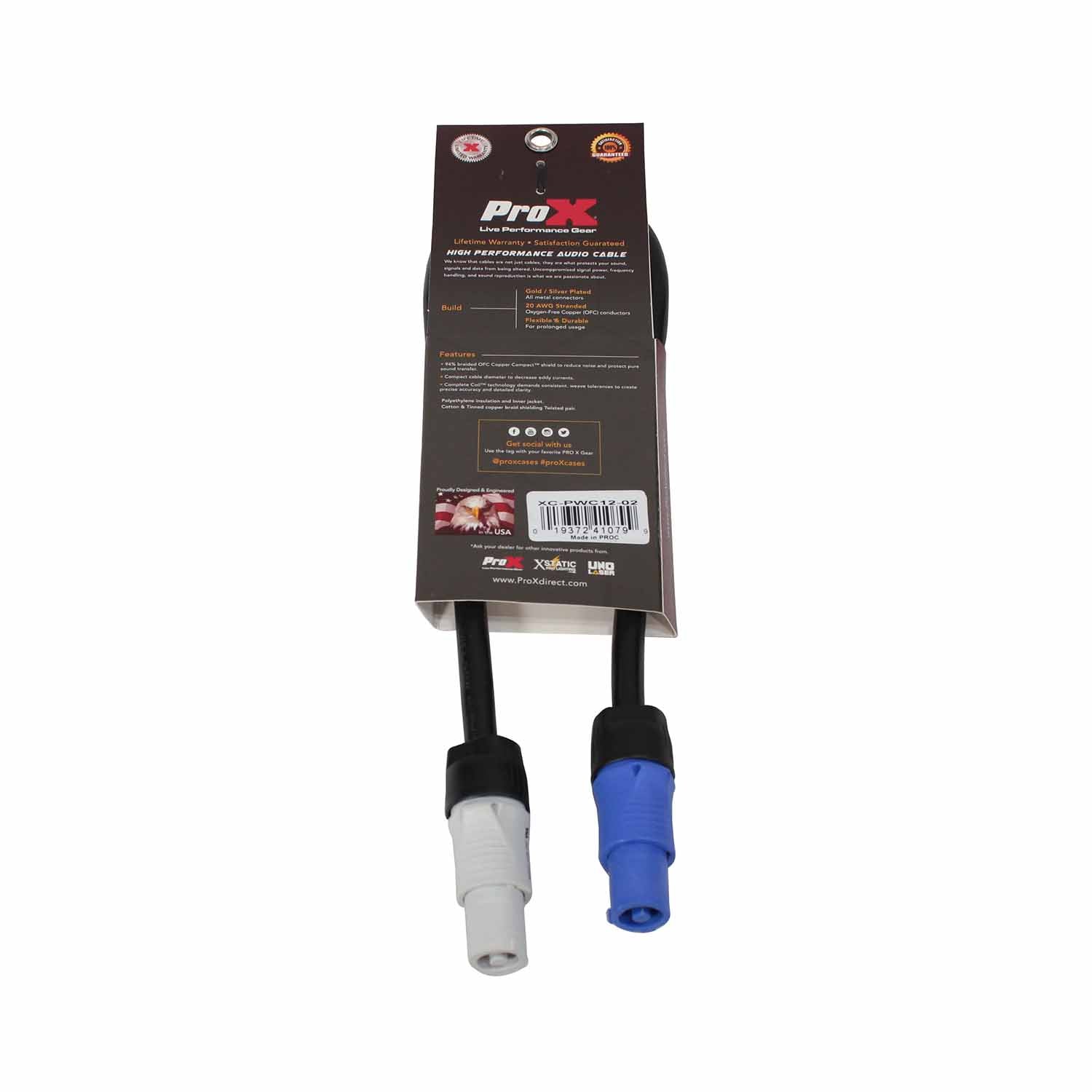 ProX XC-PWC12-02 High Performance 12AWG Blue to Gray Link Cable for PowerCon Compatible Devices - 2 Feet - Hollywood DJ