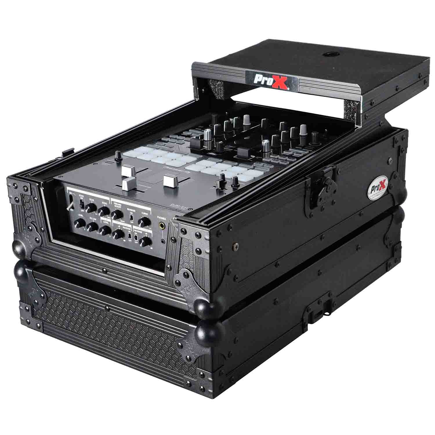ProX XS-DJMS11LTBL, Flight Case for Pioneer DJM-S11 Mixer with Sliding Laptop Shelf - Black on Black - Hollywood DJ
