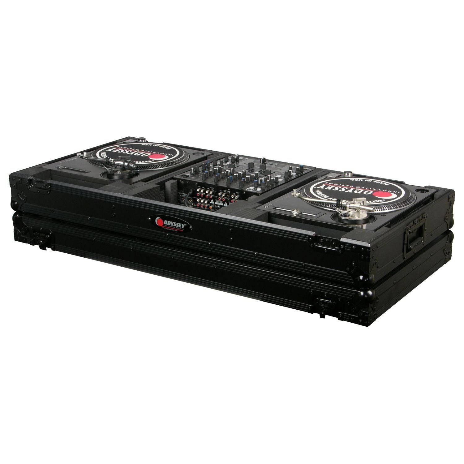Odyssey FZBM12WBL, 12″ Format DJ Mixer and Two Battle Position Turntables Flight Coffin Case - Black - Hollywood DJ