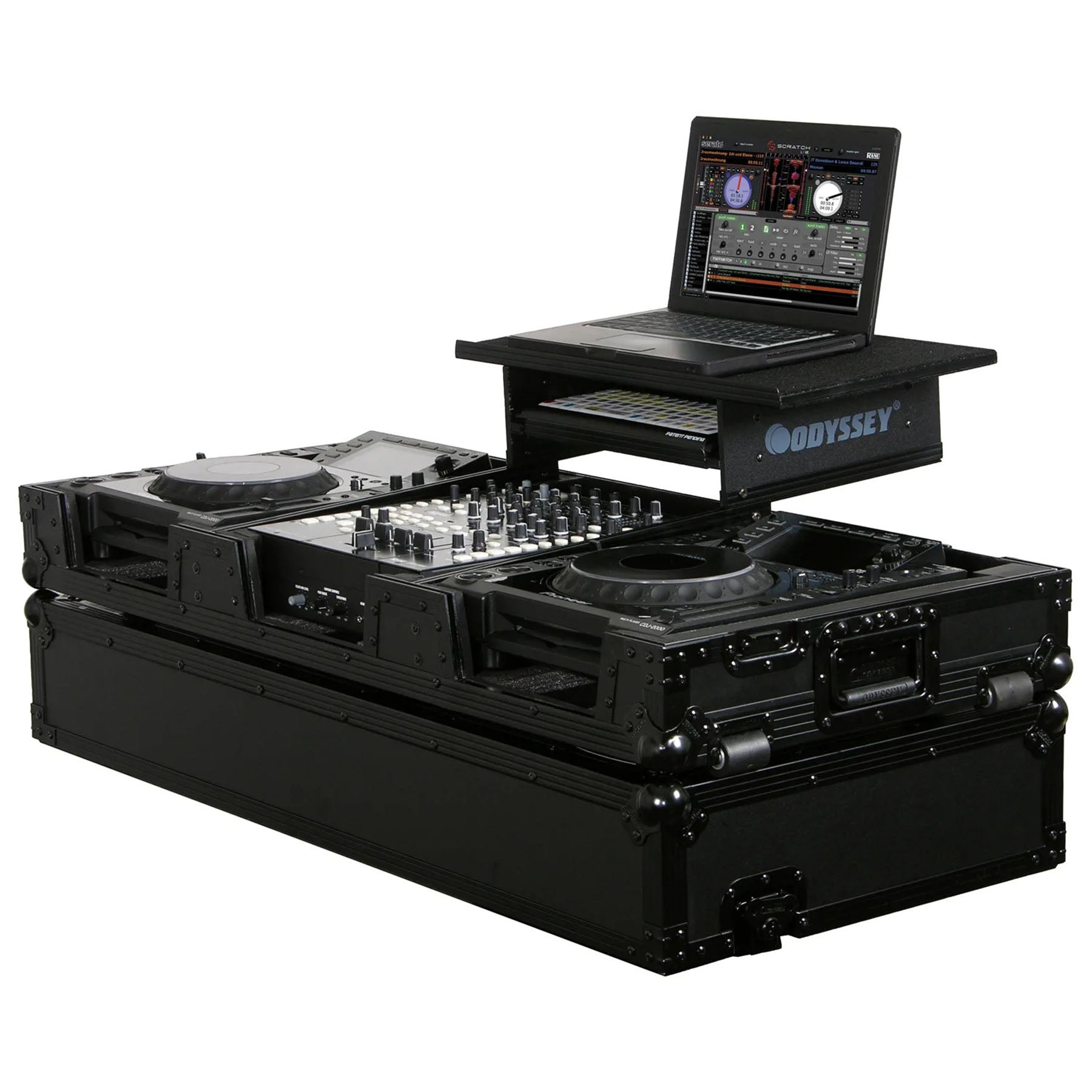 Open Box: Odyssey FZGS12CDJWBL 12" Format DJ Mixer and Two Large Format Media Players Coffin Flight Case with Glide Platform - Black - Hollywood DJ