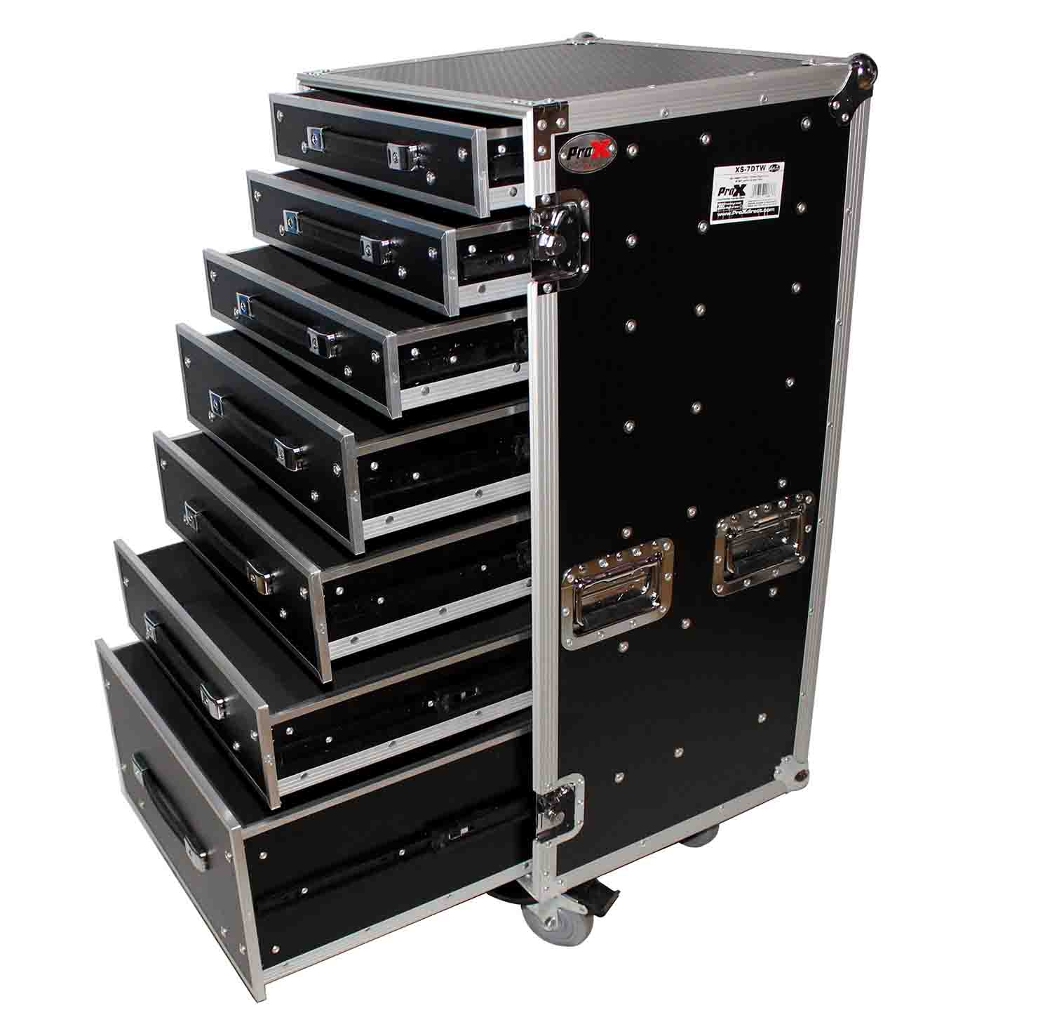 ProX XS-7DTW, 7 Drawer Workstation Case with Folding Lid Side Table on Wheels - Hollywood DJ