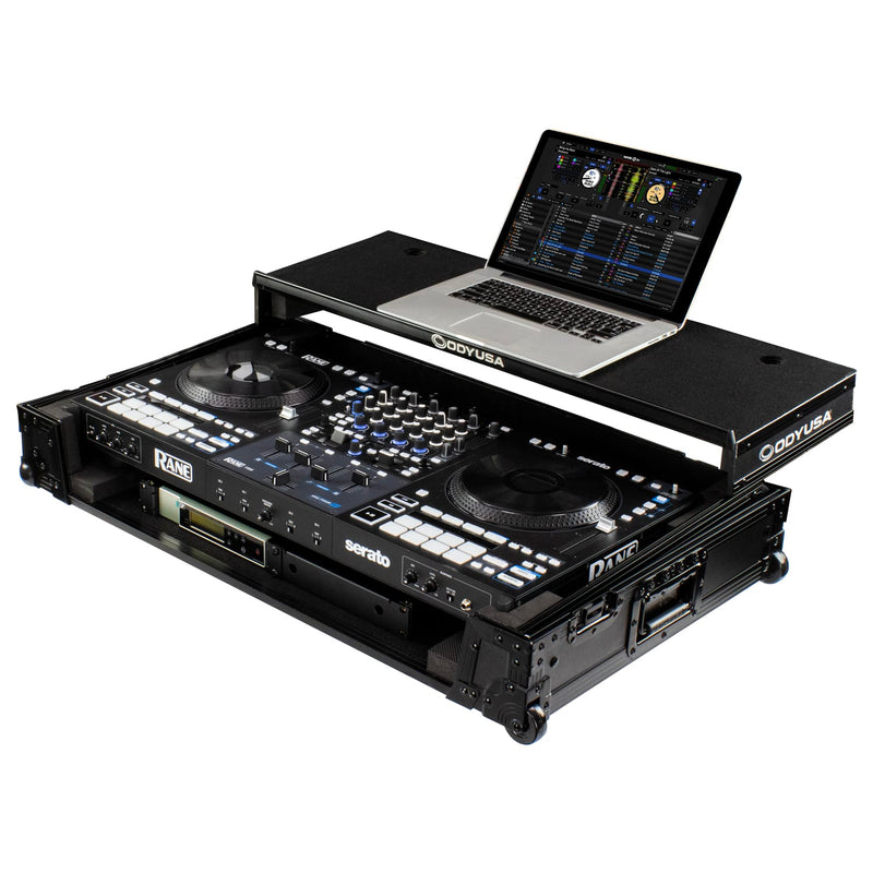 Odyssey FZGSRANE4W1BL 1U Flight Case with Glide Style Laptop Platform and Wheels for Rane Four Controller - Black Label - Hollywood DJ