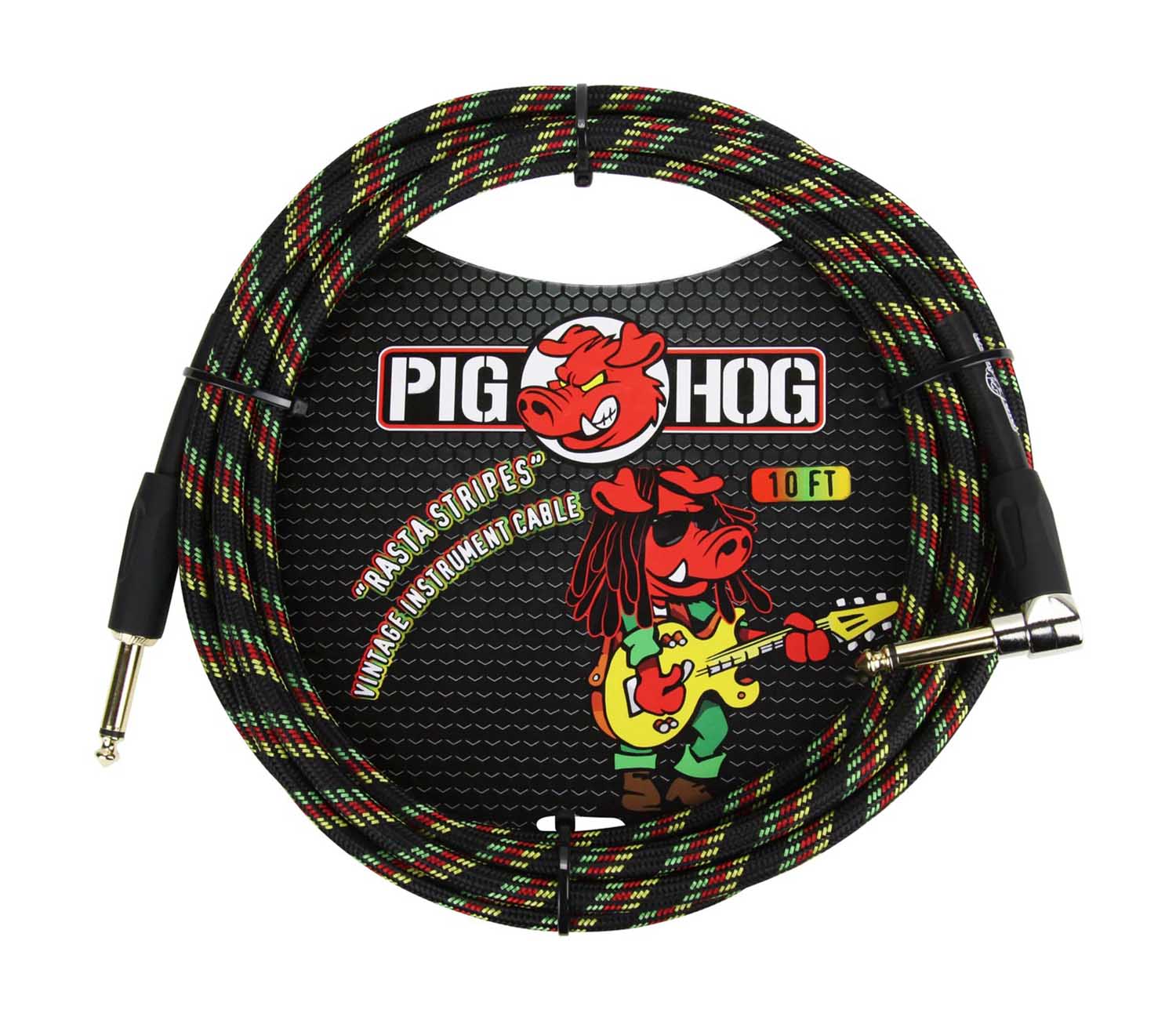 Pig Hog PCH10RAR Vintage Series 10ft Woven Instrument Cable - Rasta Stripes - Hollywood DJ
