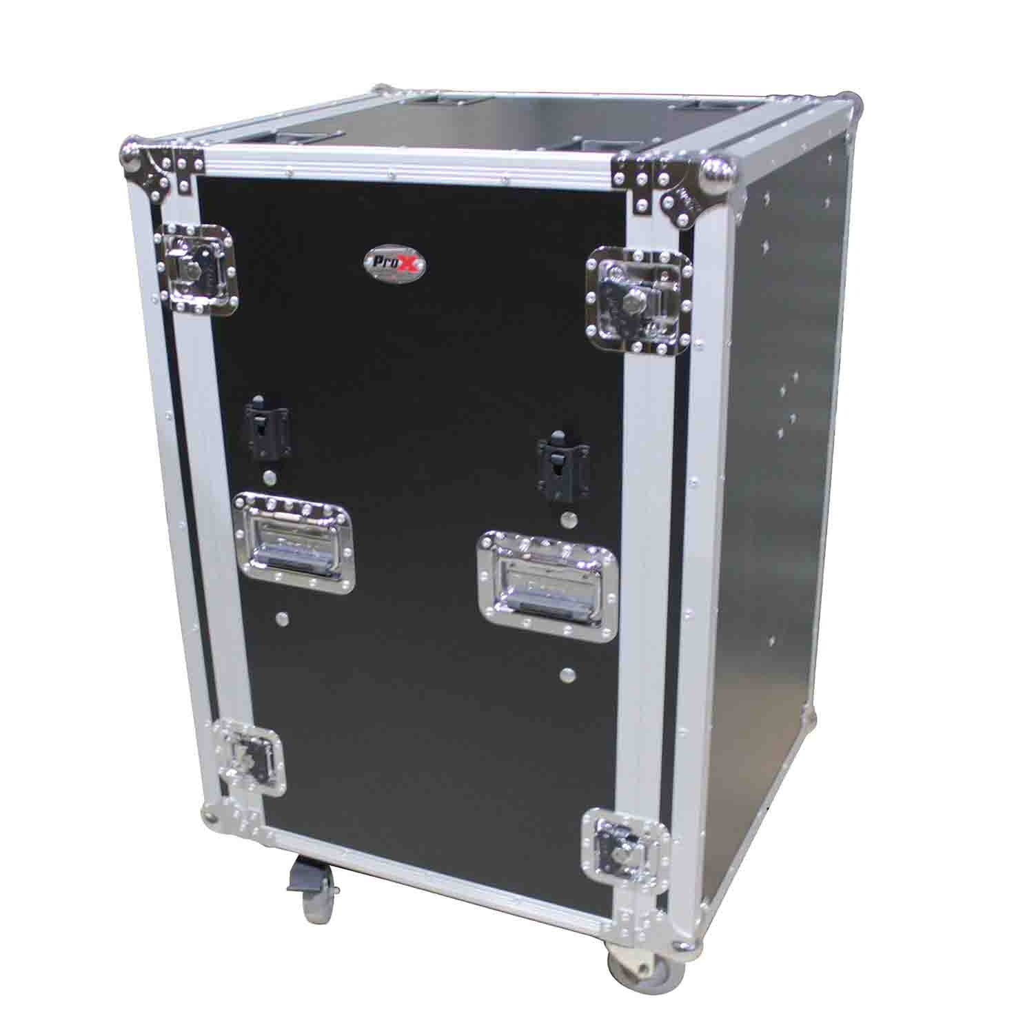 ProX T-18RSP24DST, 18U Vertical Shockproof Amp Rack Case W-Side Tables and 4 Casters - 24 In Rail to Rail - Hollywood DJ