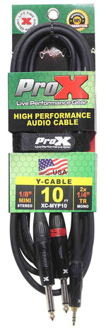 Prox XC-MYP10 Unbalanced 3.5mm Mini-TRS to Dual TS-M High Performance Audio Y Cable - 10 Feet - Hollywood DJ