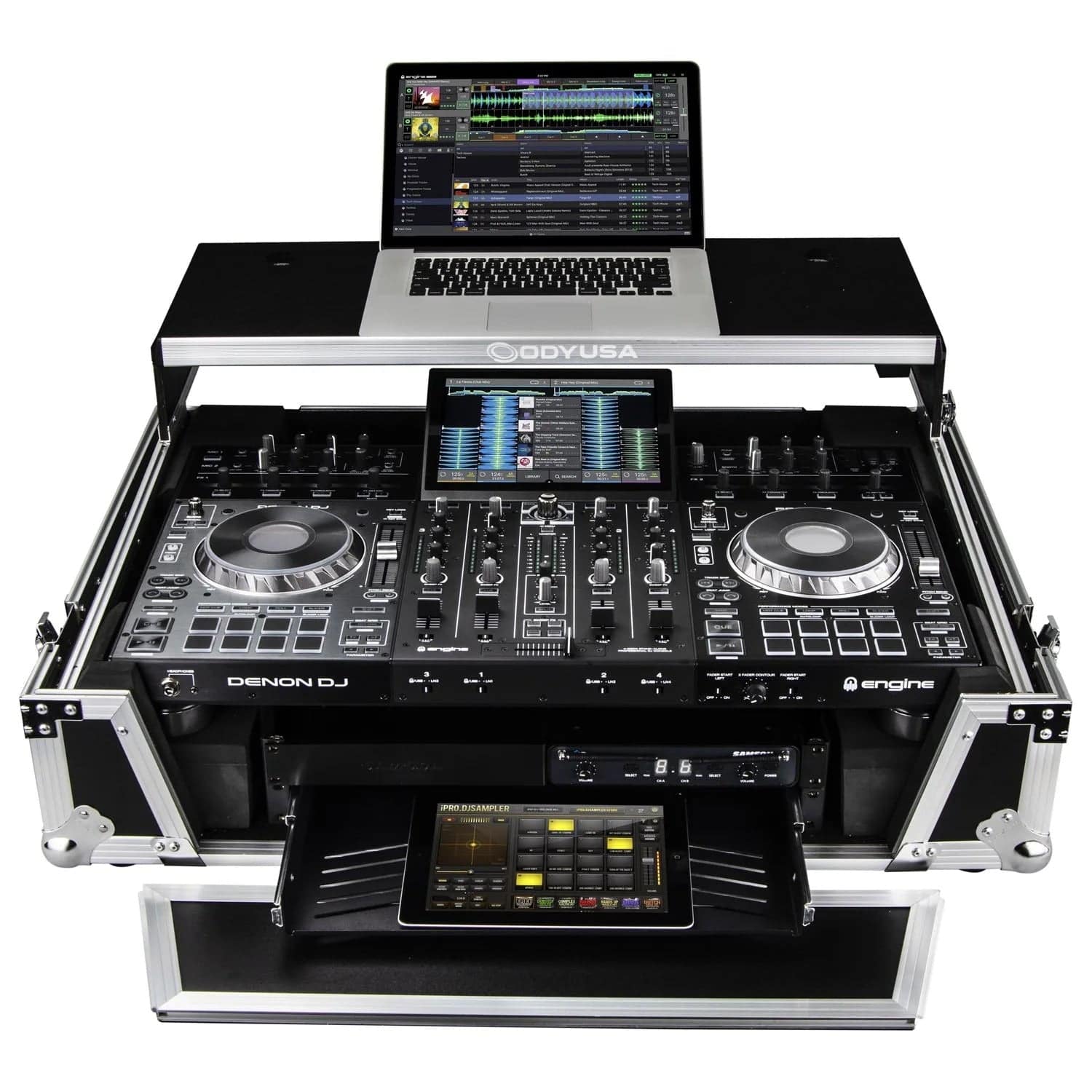 Odyssey FZGSPRIME4W2, Denon Prime 4 Flight Case with Patented Glide Laptop Platform and 2U Rack Space - Hollywood DJ