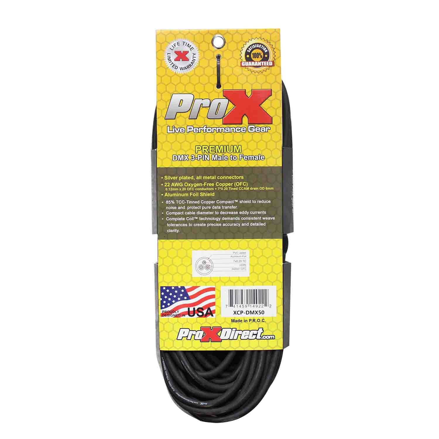 ProX XCP-DMX50, DMX XLR3-M to XLR3-F Premium Cable - 50 Feet - Hollywood DJ