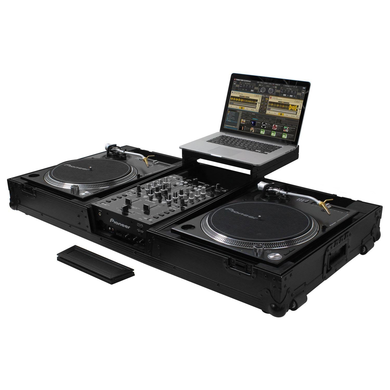 Odyssey FZGSLBM10WRBL Black Low Profile 10″ Format DJ Mixer and Two Battle Position Turntables Flight Coffin Case with Wheels and Glide Platform - Hollywood DJ