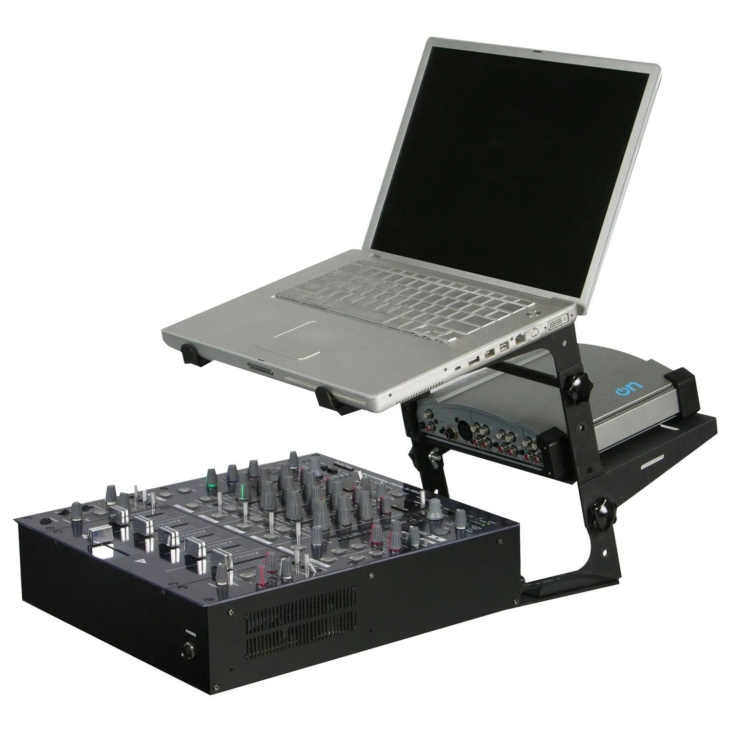 Odyssey LSTANDCOMBO, Black L Stand With Table/Case Clamps And Detachable Accessory Tray Combo Package - Hollywood DJ
