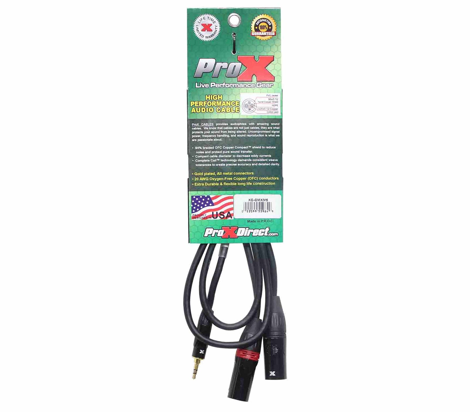 Prox XC-CMXM5, 3.5mm Mini TRS-M to Dual XLR3-M High Performance Audio Y Cable - 5 Feet by ProX Cases