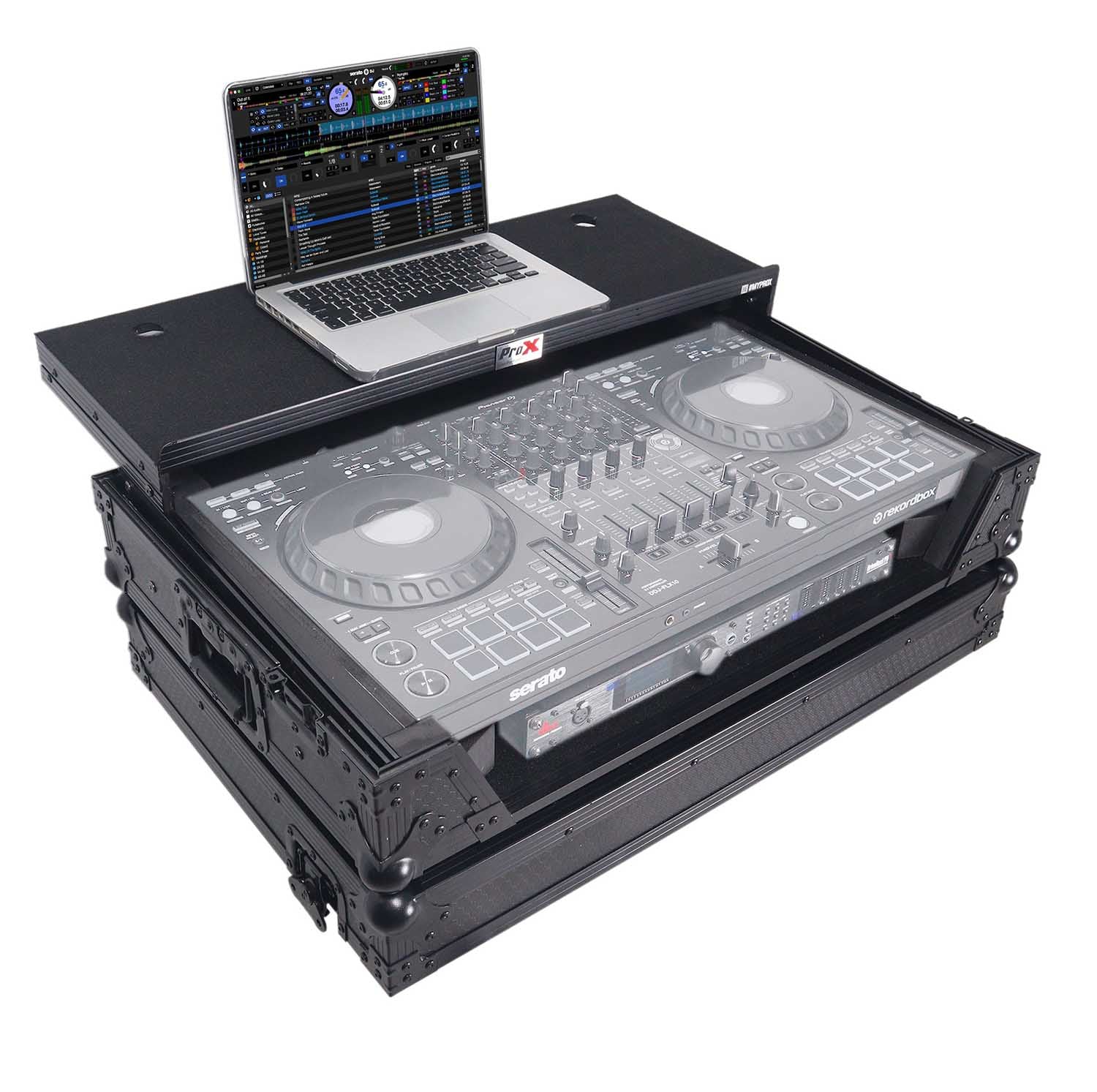 ProX XS-DDJFLX10WLTBLLED ATA Flight Style Road Case For Pioneer DDJ-FLX10 DJ Controller with Laptop Shelf 1U Rack Space Wheels and LED - Black - Hollywood DJ