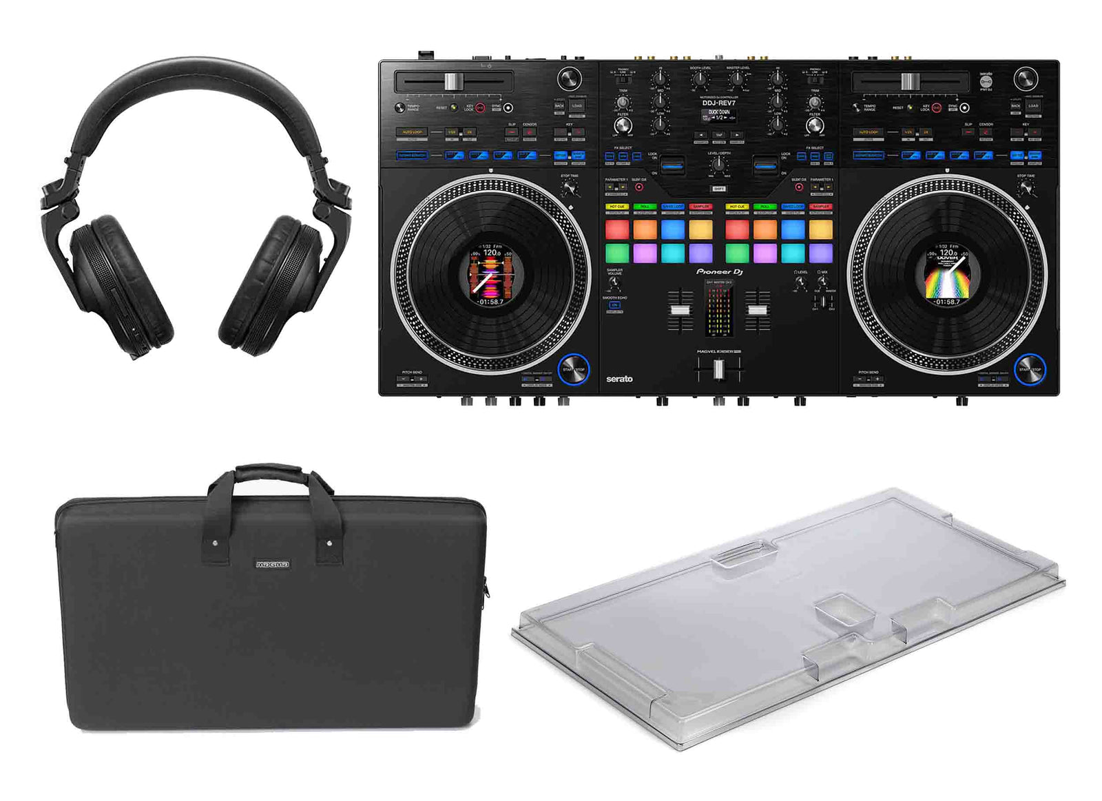 Pioneer DDJ-REV7, 2-Channel DJ Controller Package with Decksaver Cover, Magma CTRL Case & Pioneer Headphones - Hollywood DJ