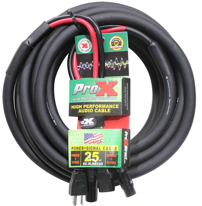 ProX XC-XLREC25 Power Cord and Audio Cable IEC Female to NEMA 15P & Balanced XLR-M to XLRF - 25 Feet - Hollywood DJ