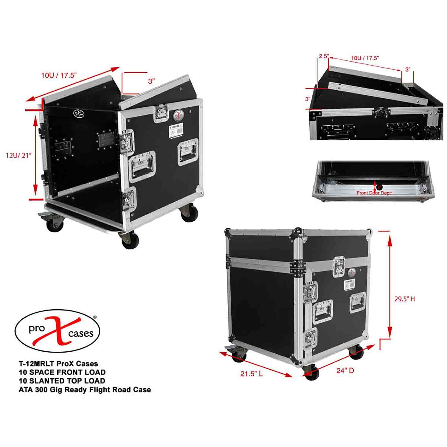 ProX T-12MRLT 12U Rack Front load x 10U Top Mixer DJ Combo Flight Case with Laptop Shelf and Casters - Hollywood DJ