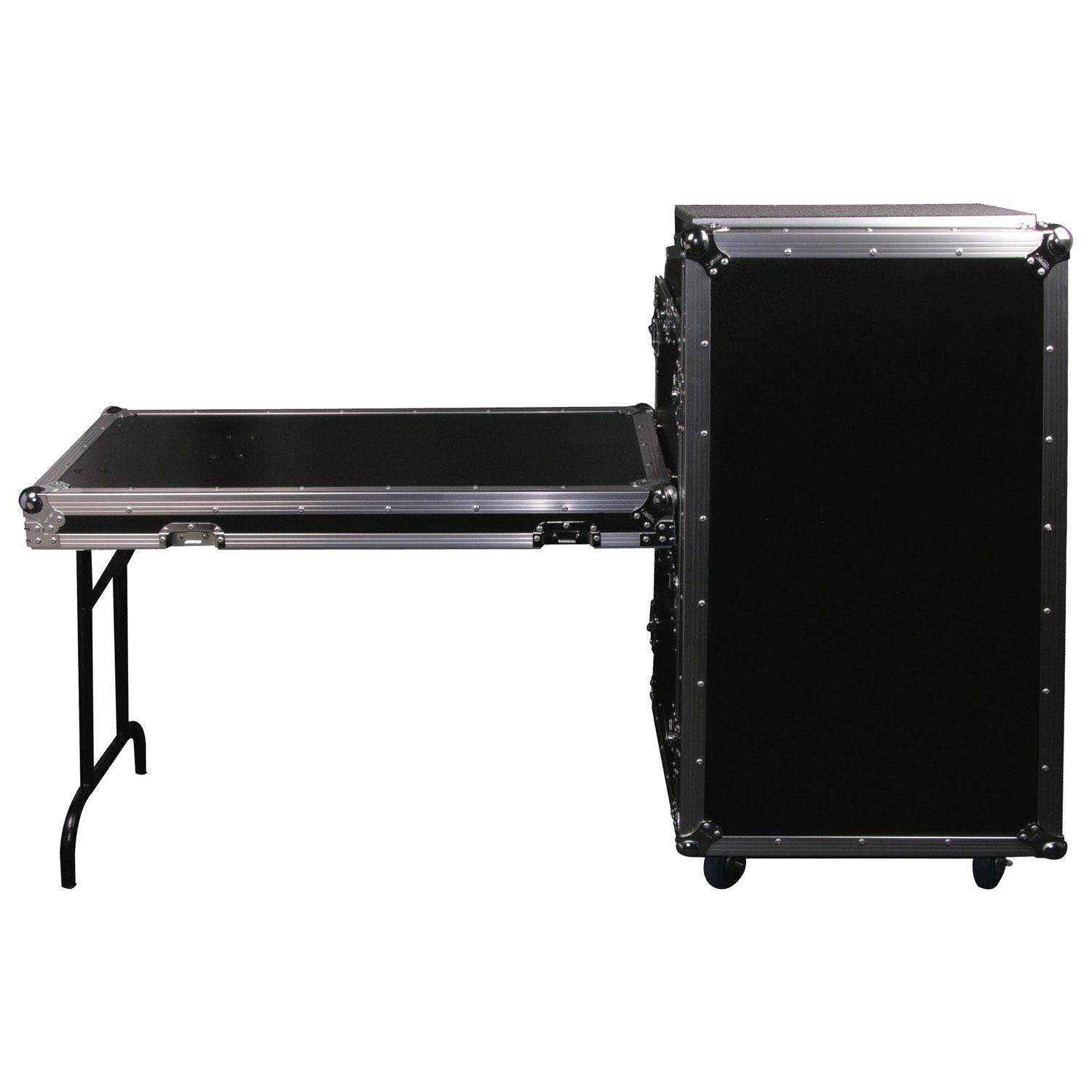 Odyssey FZGS1116WDLX Deluxe 11U Top Slanted 16U Bottom Vertical Pro Combo Rack with Casters, Side Table, and Glide Platform - Hollywood DJ