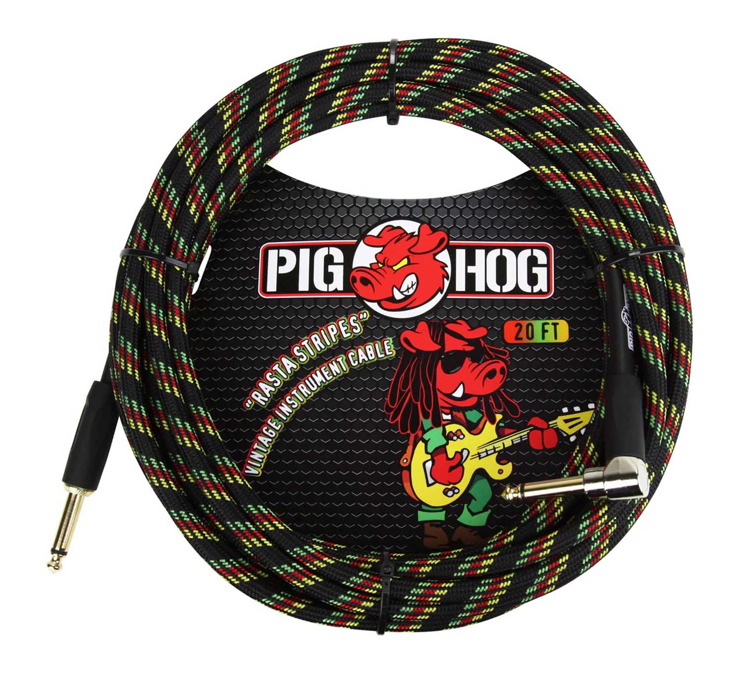 Pig Hog PCH20RAR, Rasta Stripes Instrument Cable with Angled End - 20 Foot - Hollywood DJ