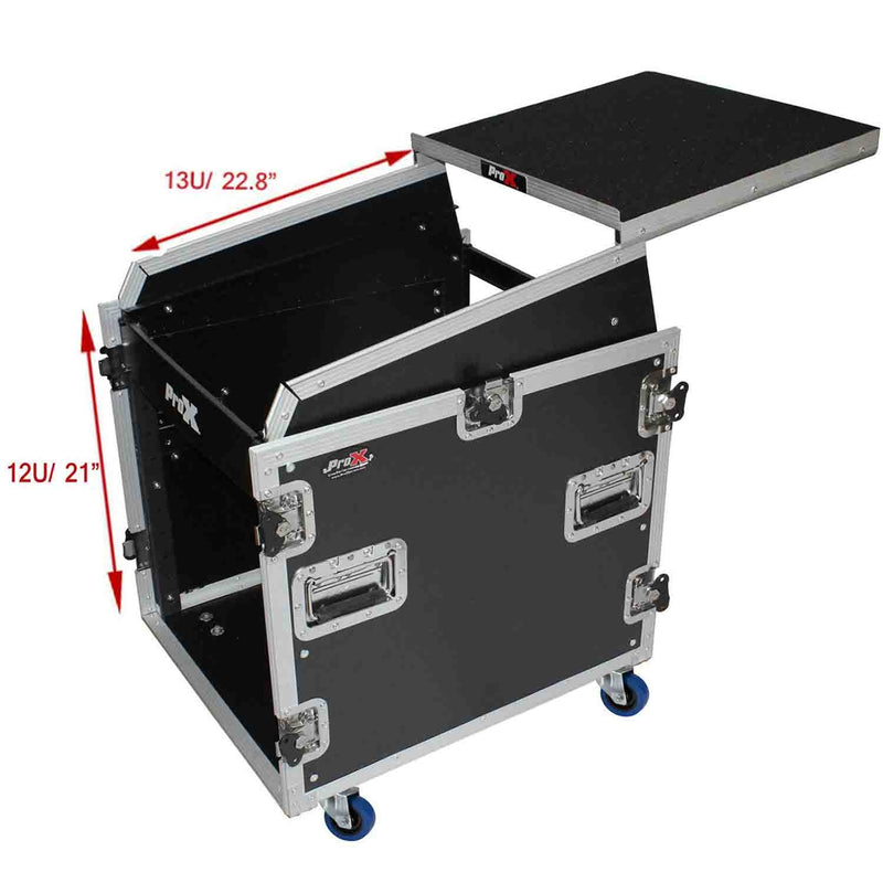 ProX T-12MRSS13ULT DJ Combo Flight Case for 13U Top Mixer-DJ 12U Rack With Laptop Shelf and Casters - Hollywood DJ
