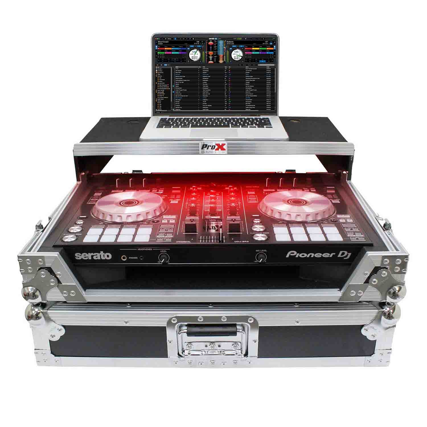 ProX XS-DDJSR2LT LED DJ Flight Case for Pioneer DDJ-SR2 Digital Controller with Laptop Shelf and Bonus LED Kit - Hollywood DJ