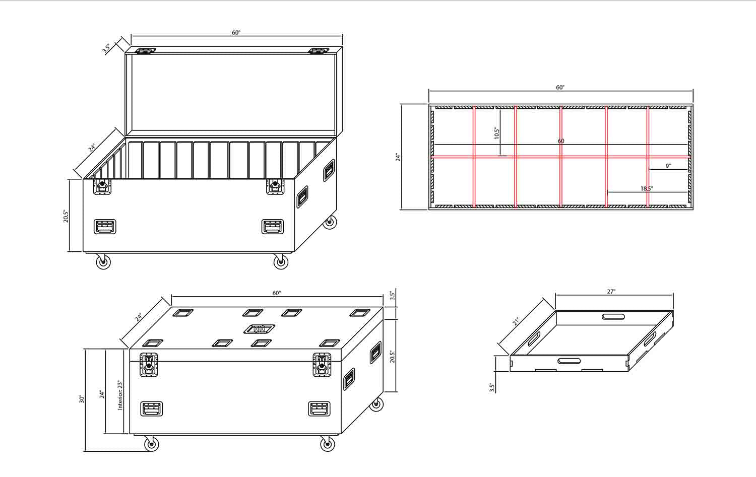 ProX XS-UTL246030W Heavy-Duty Truck Pack Utility Flight Case W-Divider and Tray Kit - 24"X60"X30" by ProX Cases