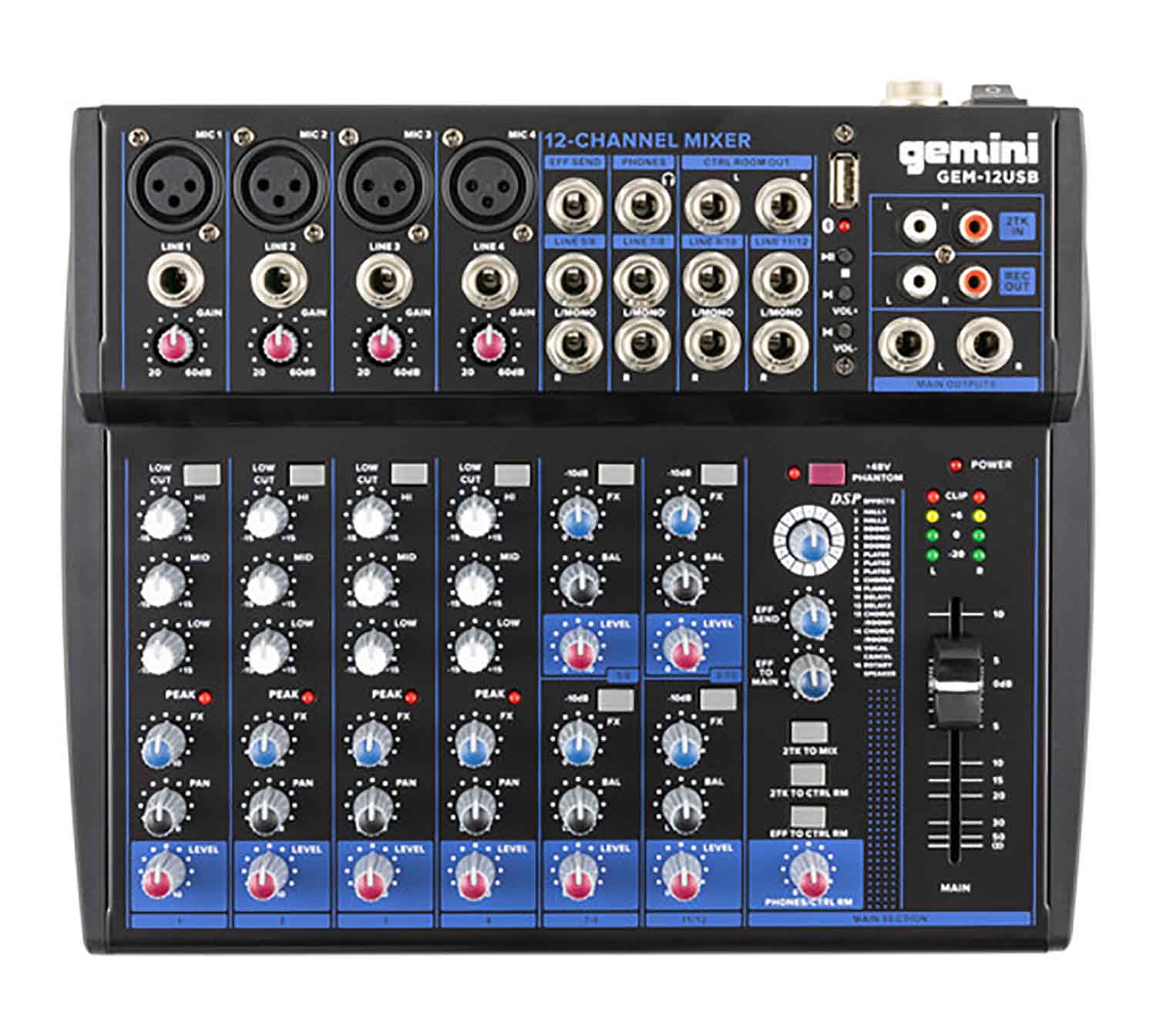 Gemini Sound GEM-12USB, Compact 12-Channel Bluetooth Audio Mixer with USB - Hollywood DJ