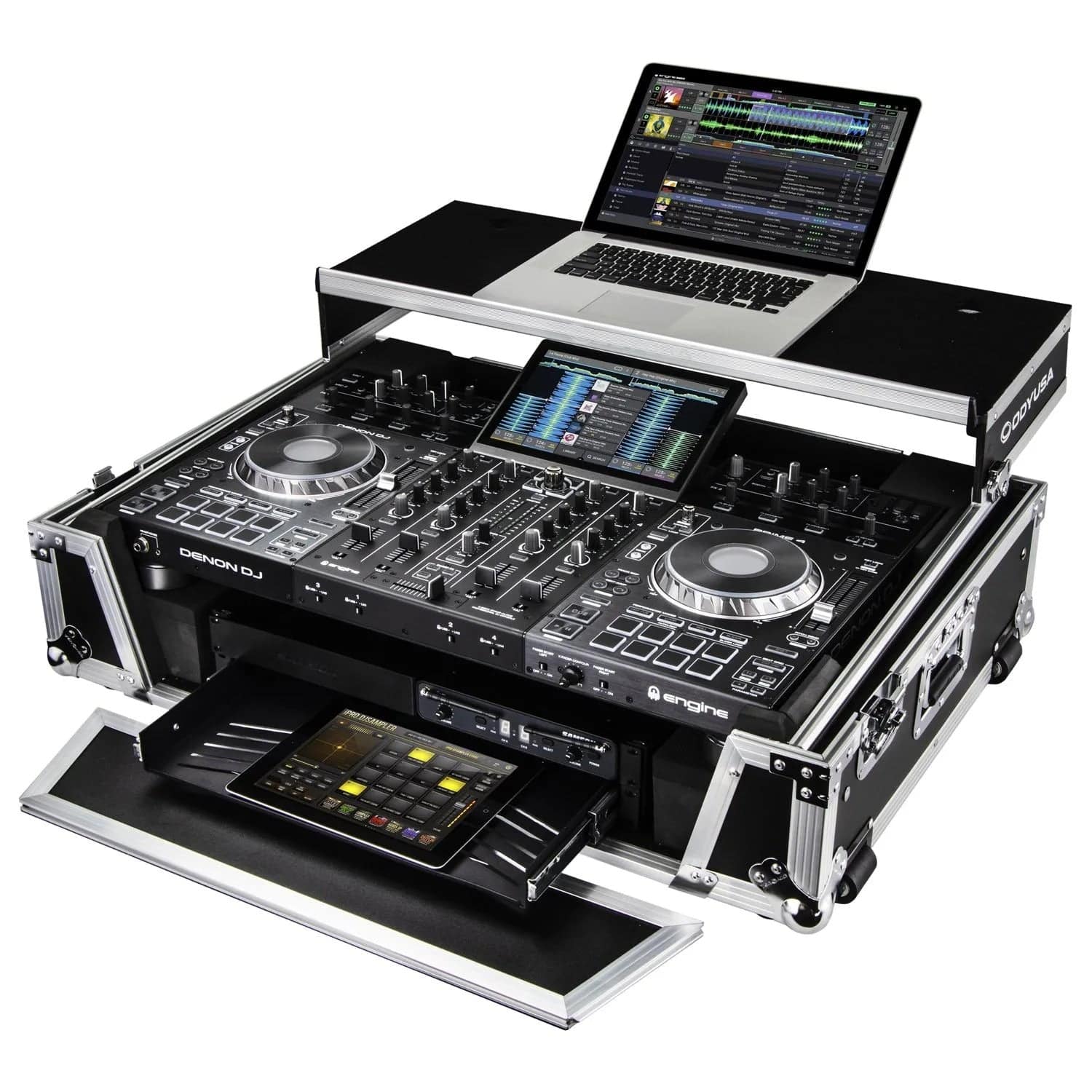 Odyssey FZGSPRIME4W2, Denon Prime 4 Flight Case with Patented Glide Laptop Platform and 2U Rack Space - Hollywood DJ