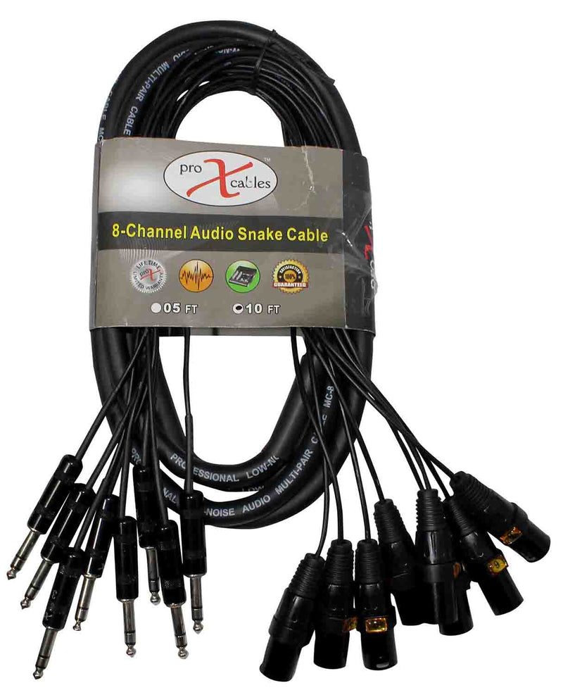 Prox XC-8SXM10, 8 Channel XLR3M TO 1/4" TRS Balanced Snake Cord - 10 Feet - Hollywood DJ