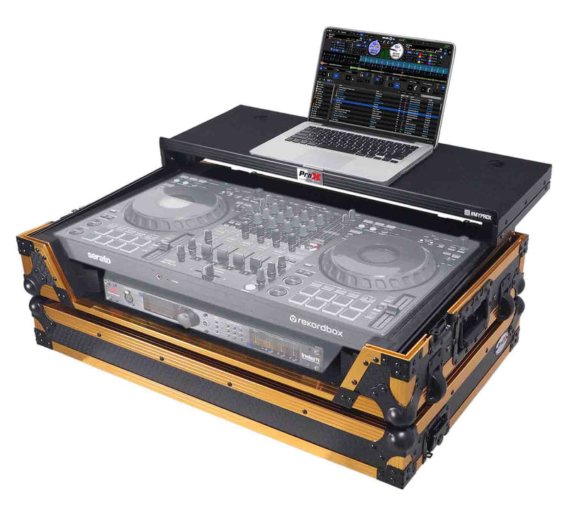 ProX XS-DDJFLX10WLT FGLD LED Flight Style Road Case for Pioneer DDJ-FLX10 DJ Controller with Laptop Shelf 1U Rack Space & Wheel - Hollywood DJ