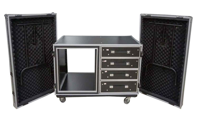 ProX XS-12U4DTW, 12U Shockproof Workstation Case with Dual Side Table and Drawers - 24 In Rail to Rail - Hollywood DJ