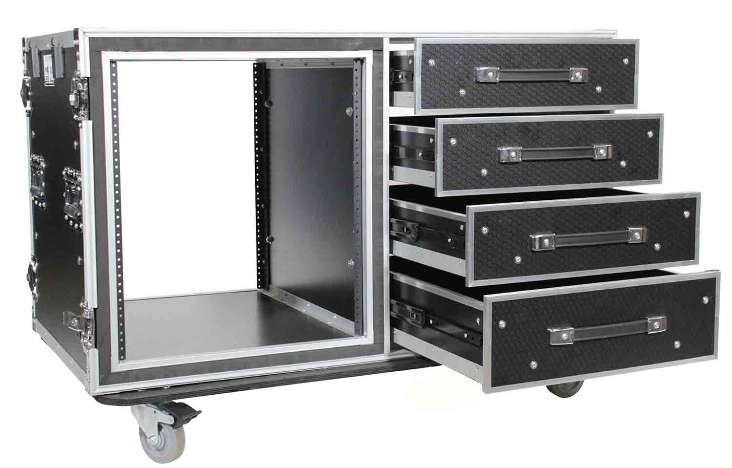 ProX XS-12U4DTW, 12U Shockproof Workstation Case with Dual Side Table and Drawers - 24 In Rail to Rail - Hollywood DJ